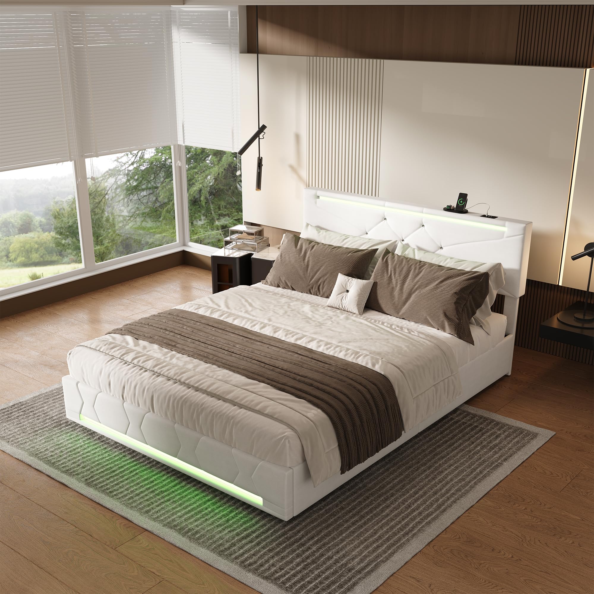 Letto matrimoniale contenitore, 160x200 cm, Letto Baule LED e Porte USB, testiera regolabile, Letto imbottito con contenitore idraulico, Struttura letto con rete a doghe, Lino (Beige/3, 160x200 cm)