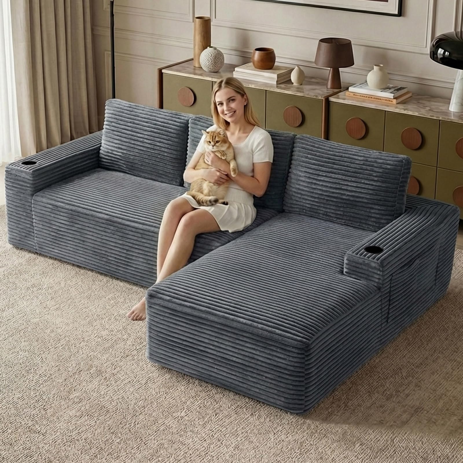 104.3" Modular Sectional Sofa,Modern Corduroy Cloud Couch with Cup Holder &amp; Side Pockets,Boneless Couch Upholstered 4-Seater L-Shaped Sofa for Living Room,No Assembly (Dark Grey, Right-Facing Chaise)