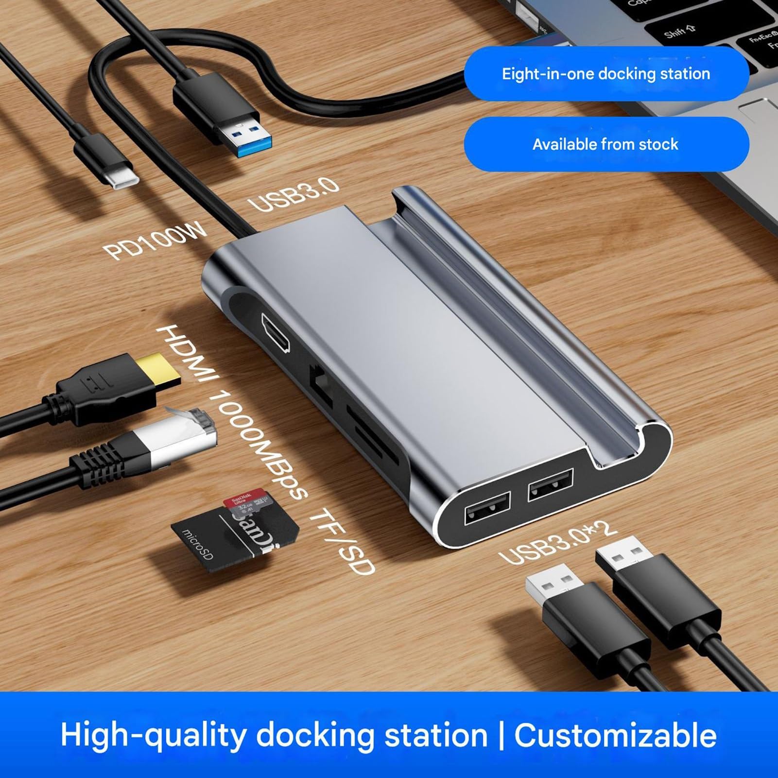 Stacja dokująca USB 3.0 do telefonu komórkowego typu C, stacja dokująca 8 w 1, stacja dokująca do laptopów z trzema wyświetlaczami, adapter kompatybilny z HP, Dell, stacja dokująca USB