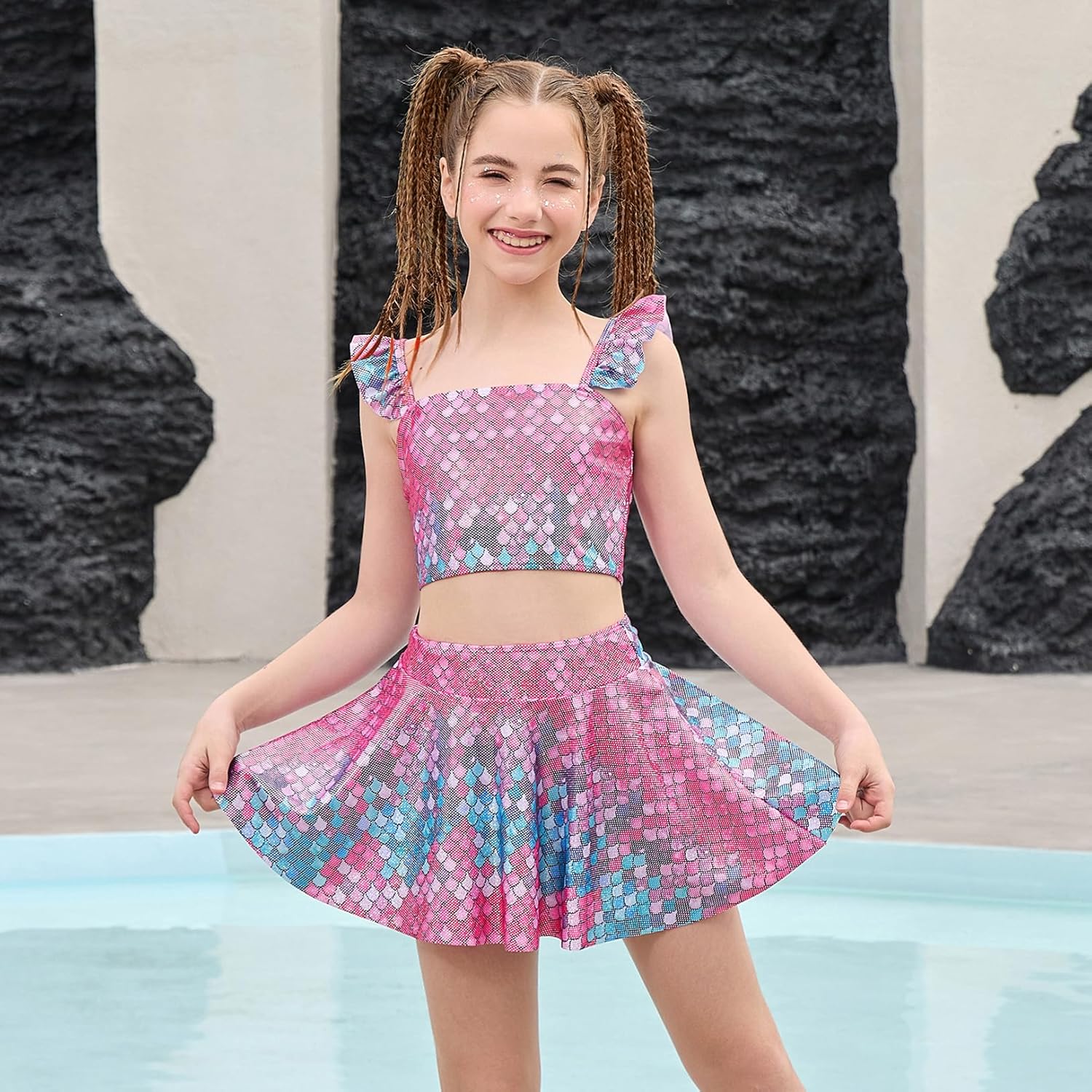 CHILDRENSTAR Girls Tankini Swimsuit Sets with Cover Up Skirt 3 Pieces Ruffle Bikini Set Bathing Suit for Kids 3-13Y - Image 2