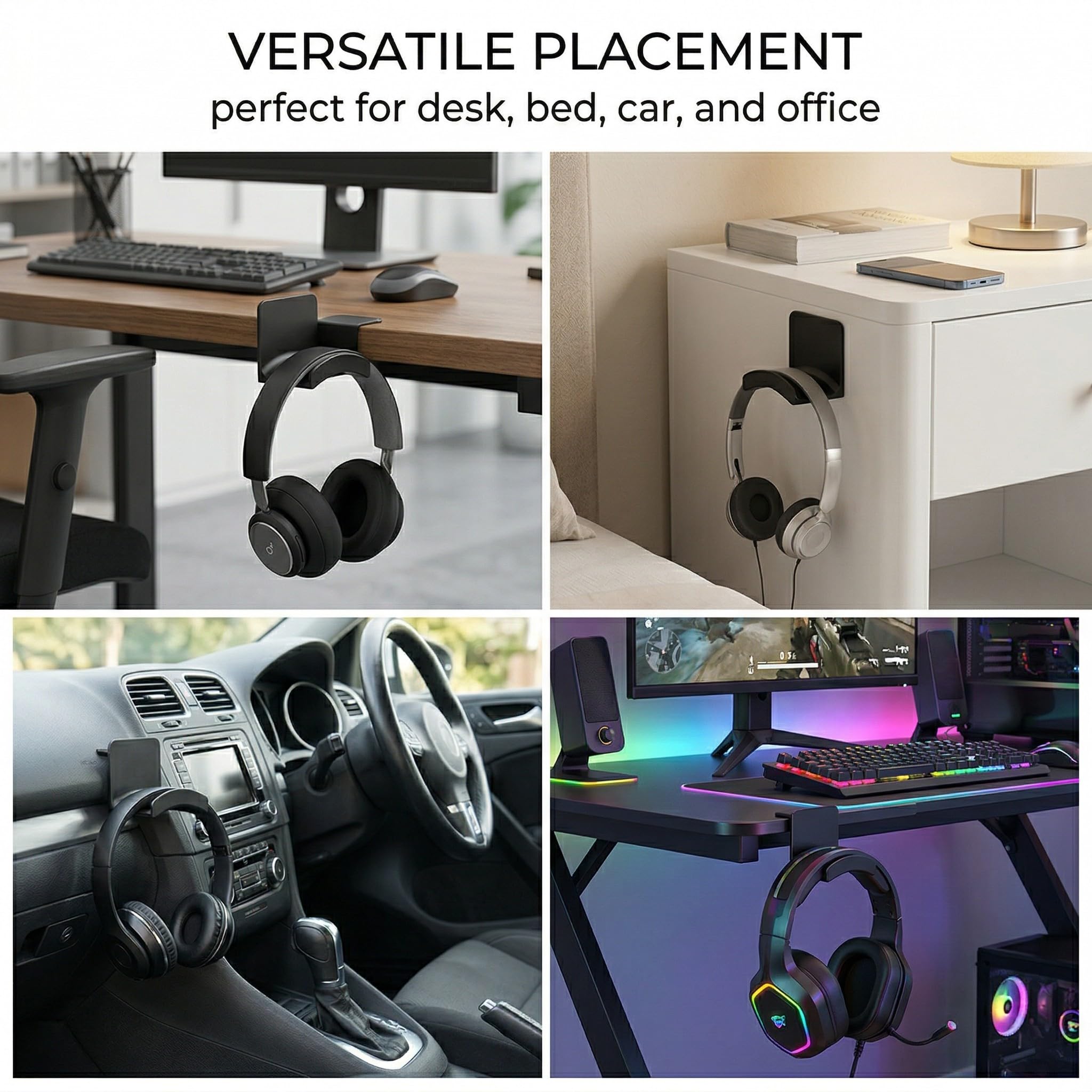 Set da 3 pezzi Supporto per cuffie, Gancio Adesivo Organizzatore, per Scrivania, Parete, Auto, Ufficio, Casa, Camera