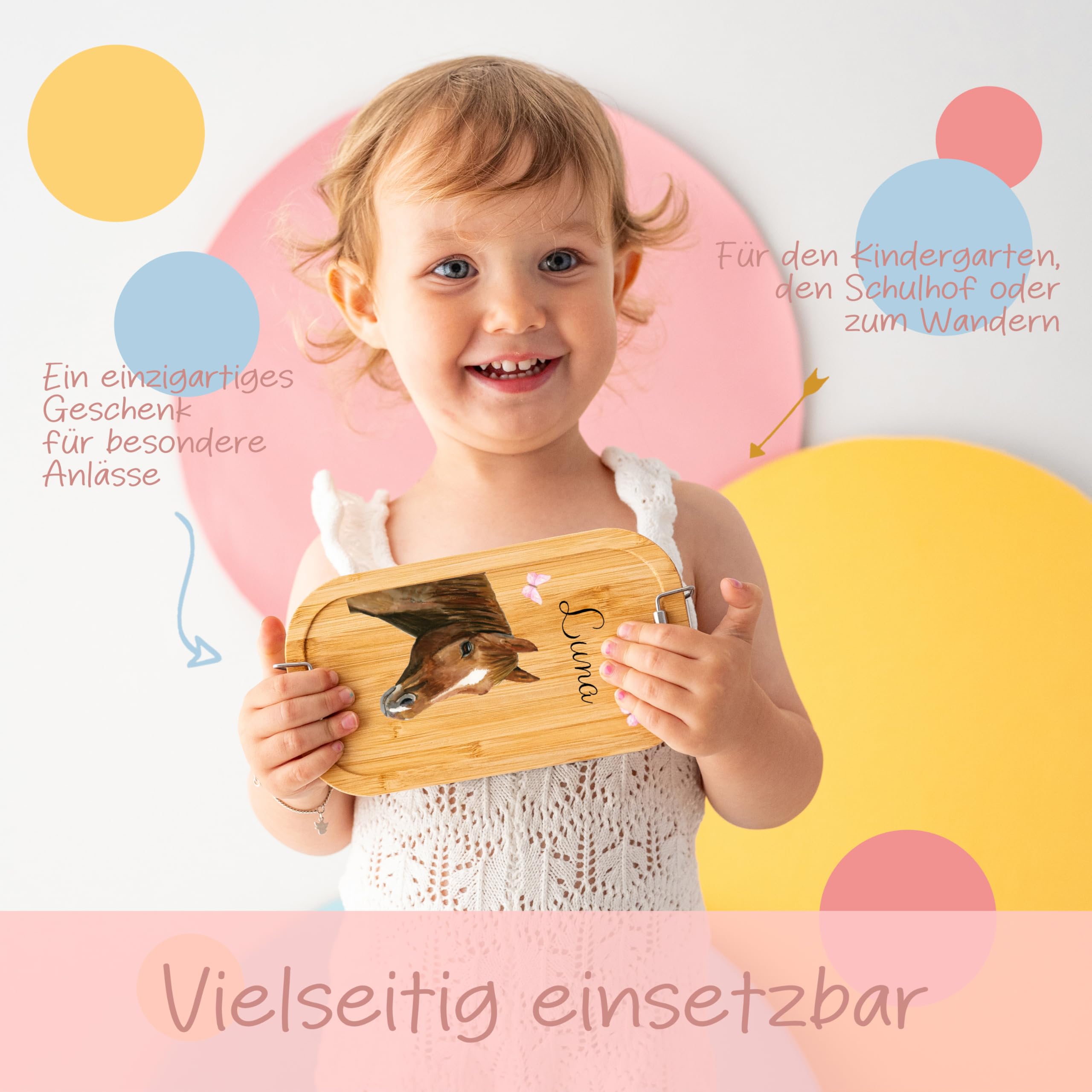Personalisierte Brotdose Aus Edelstahl – Mit Bambusdeckel, Trennfach, Für Kinder & Erwachsene (Pferde-Design)