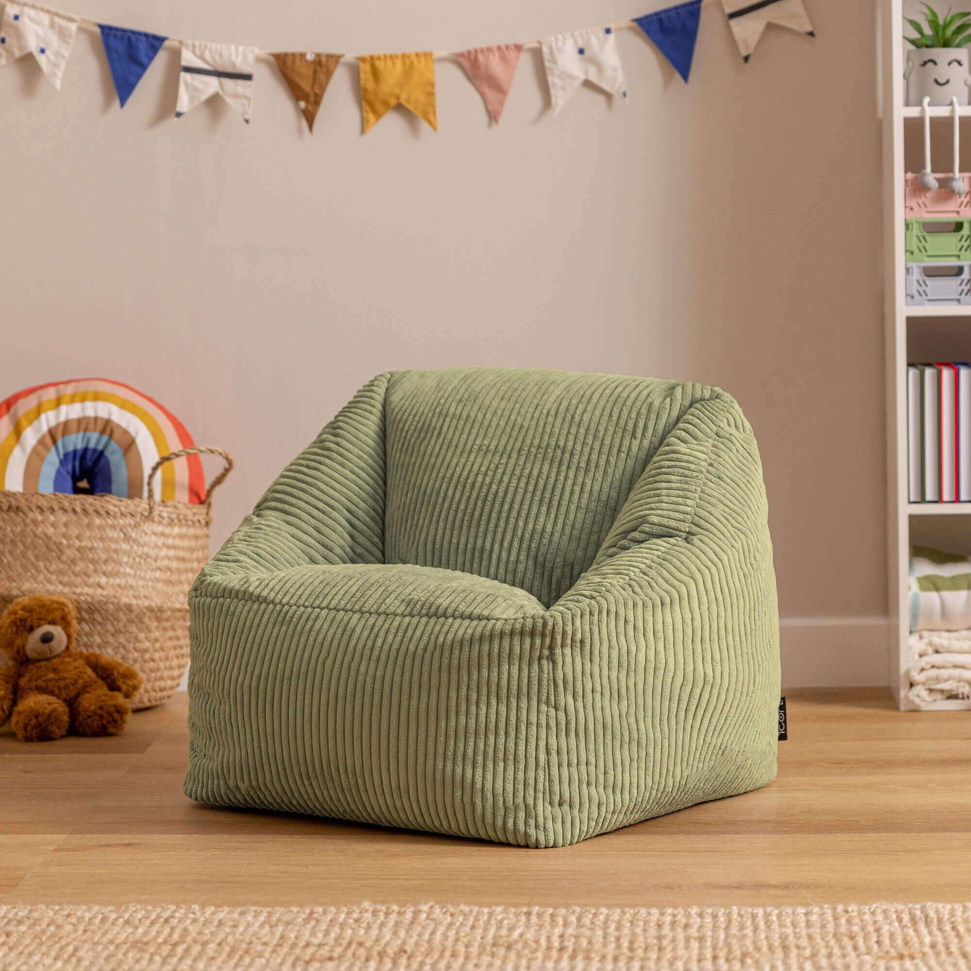 Icon Natalia Sitzsack Kinder, Salbeigrün, Flauschiger Cord Stoff, Sitzsack Cord mit Füllung, Bequemer Kinder Sessel, Kuschelsessel, Lese Sessel, Schlafzimmer, Kinderzimmer, Spielzimmer