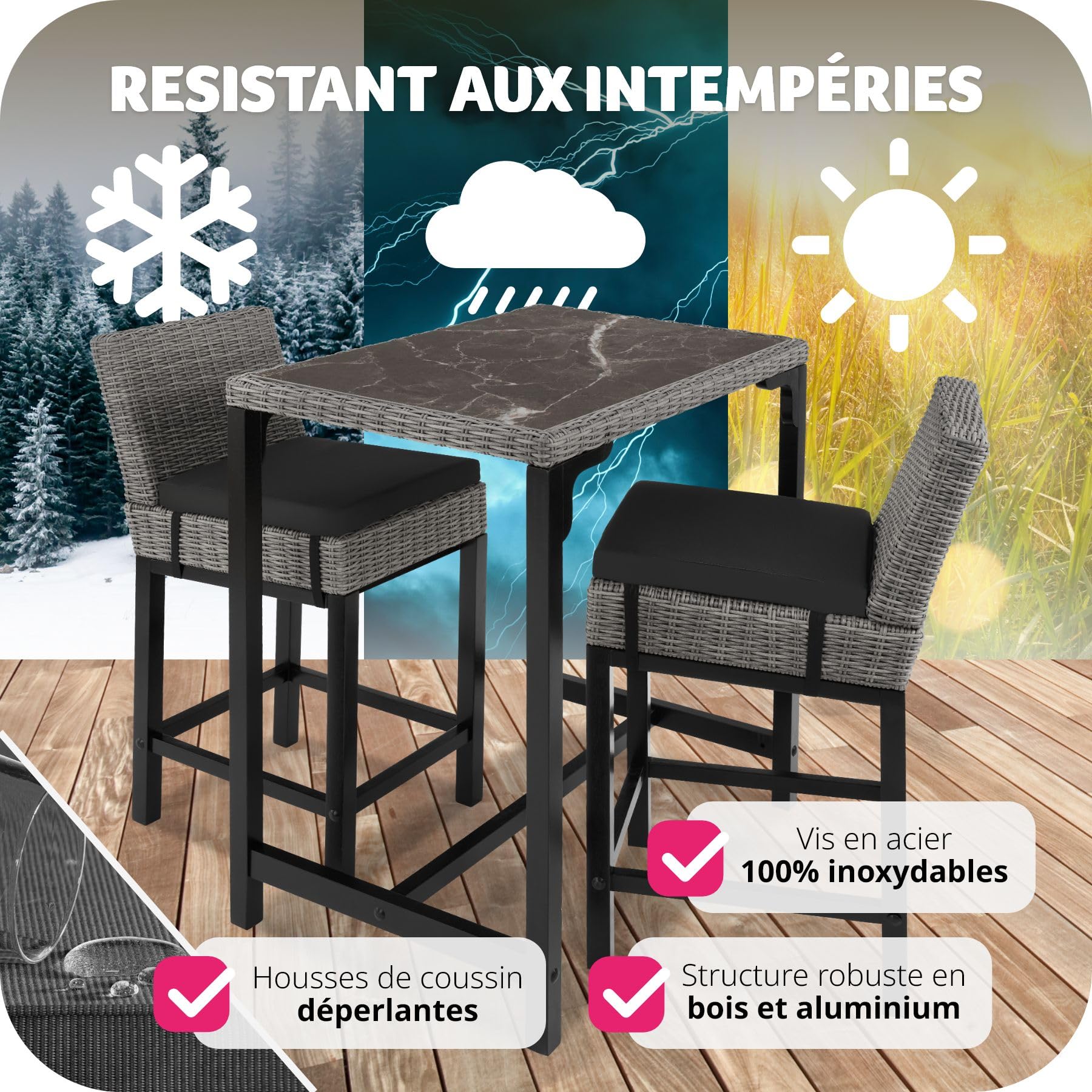 tectake® Ensemble de Bar Extérieur en Poly Rotin 2 Places - Table et 2 Chaises de Jardin avec Coussins Inclus - Mobilier pour Aménagement Balcon
