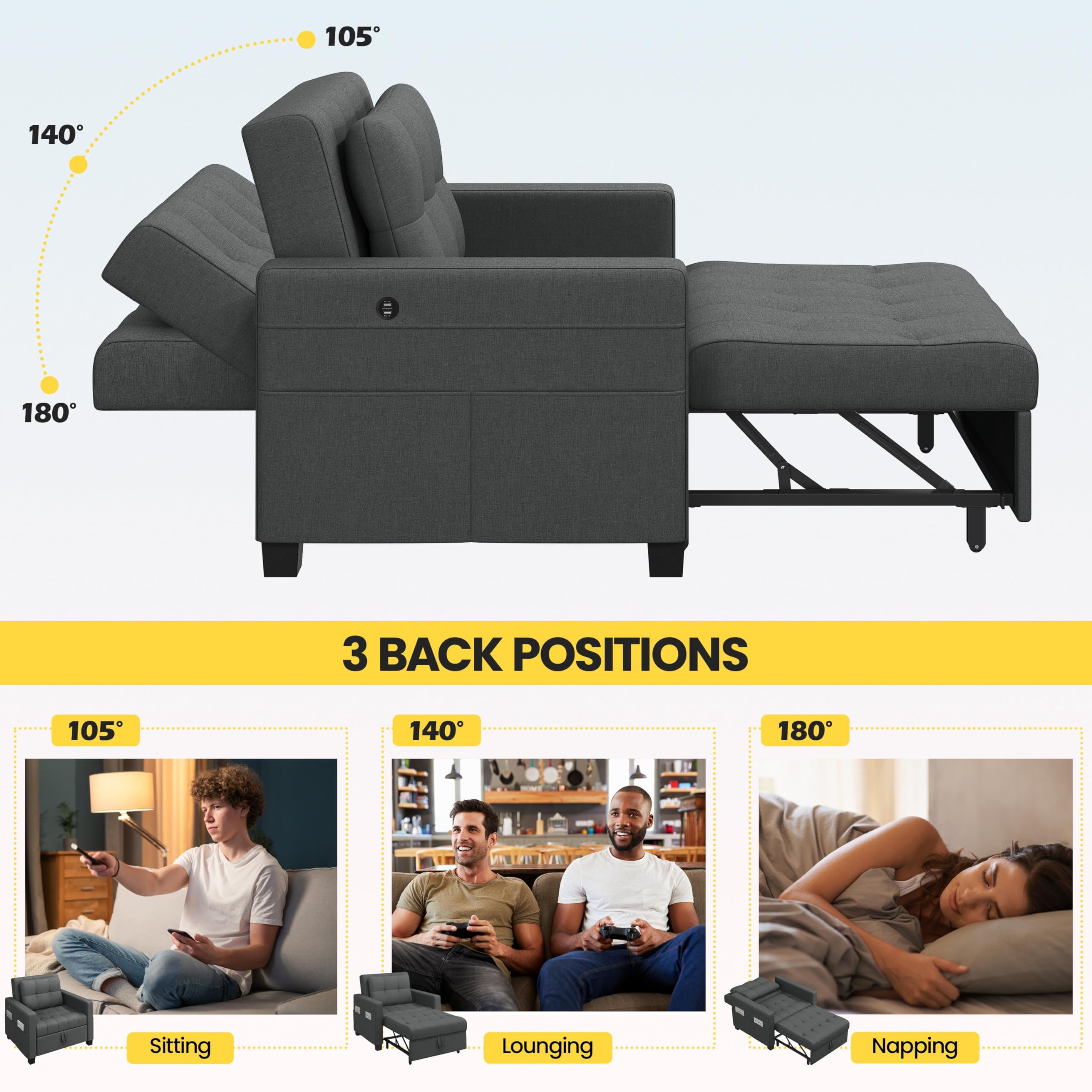 Yaheetech Convertible Futon Sofa Bed 3-in-1 Sleeper Chair Bed Tufted Couch with Adjustable Backrest, 2 USB Ports for Living Room Bedroom Small Space, Dark Gray