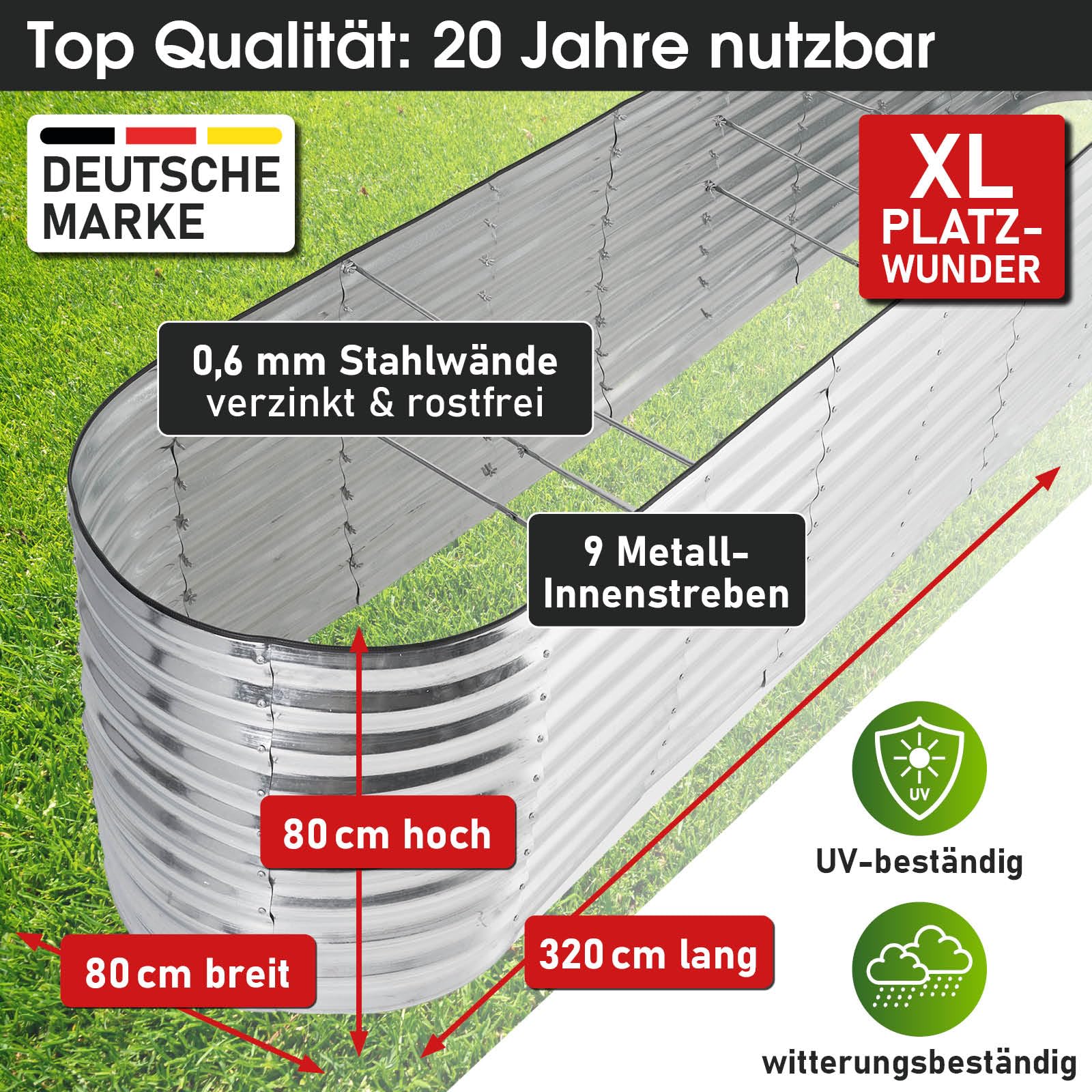 BRAST Hochbeet Metall Julia | 160x80x80-400x80x80cm | viele Modelle | extra viel Zubehör | Stahl rostfrei & verzinkt | wetterfest ovale Form | für Gemüse Obst Kräuter & Blumen | 320x80x80cm Silber