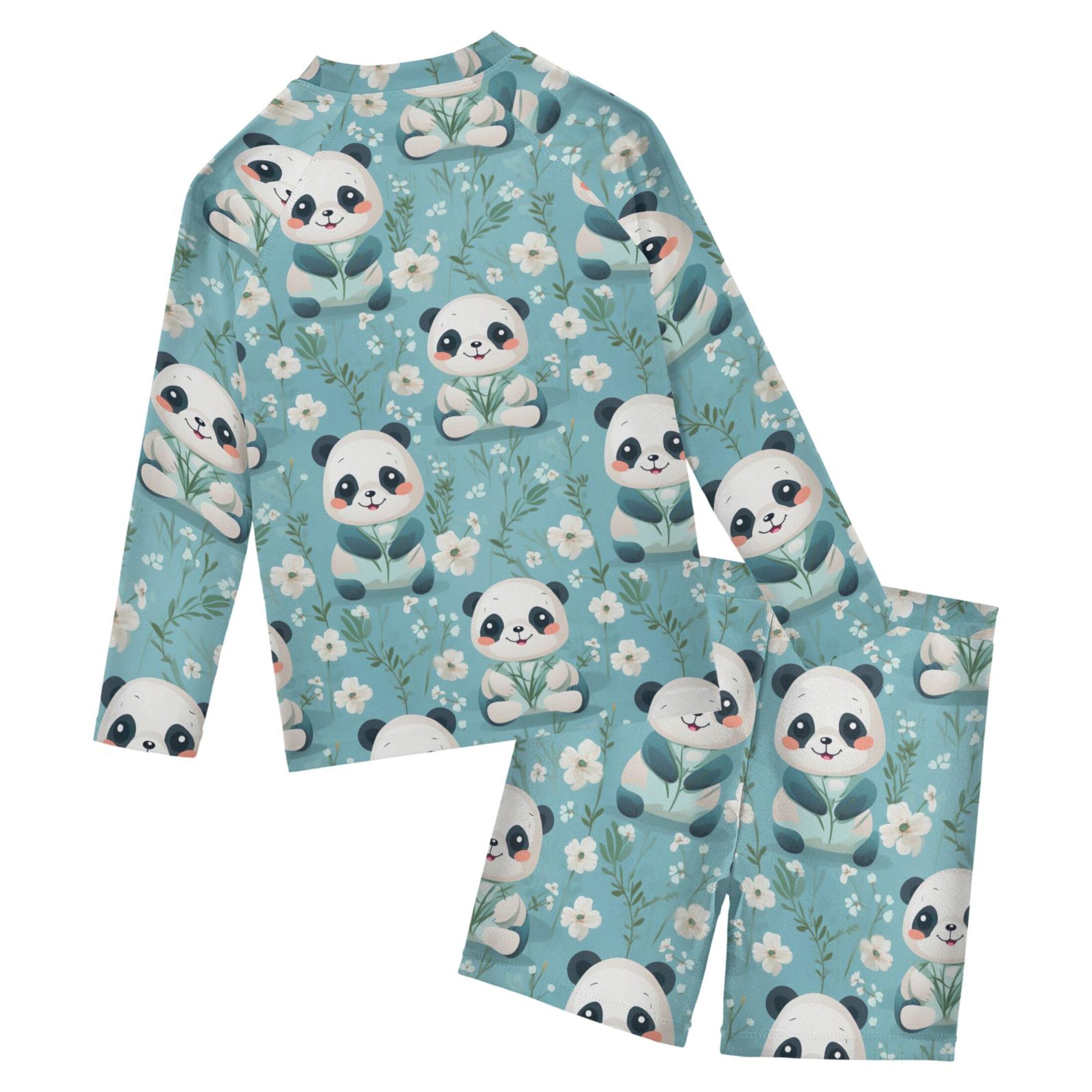Panda Flowers Boys Rash Guard Swimsuits Set for Boys Long Sleeve Swim Shirts Bathing Suits with Trunks B0403202