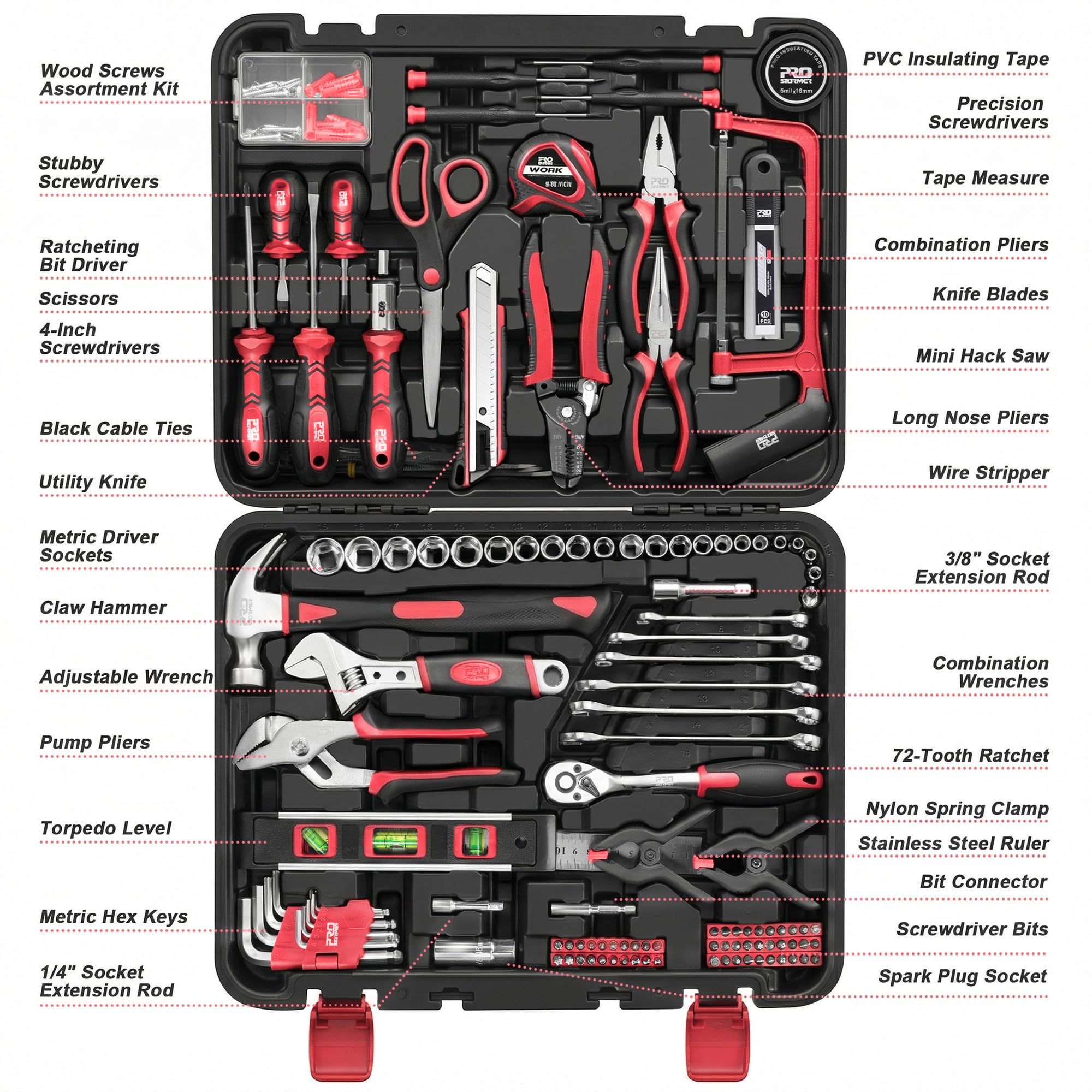 Prostormer Kit de herramientas de 259 piezas, juego de herramientas manuales para el hogar con caja de herramientas de almacenamiento de plástico, caja de herramientas de reparación completa portátil