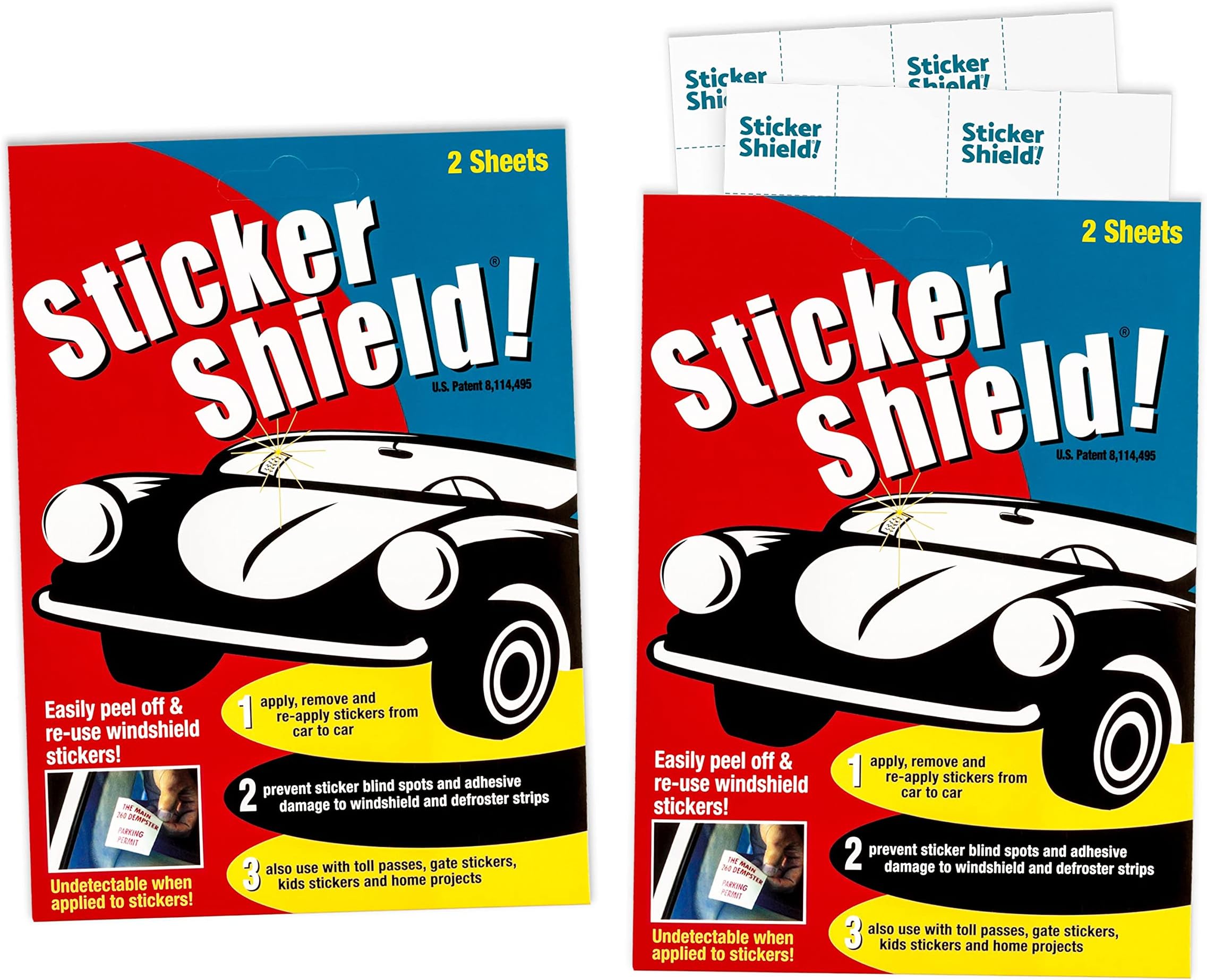 Sticker Shield - Windshield Sticker Applicator for Easy Application, Removal and Re-Application from Car to Car - 4 inch x 6 inch Sheets (2 Packs (4 Sheets Total))