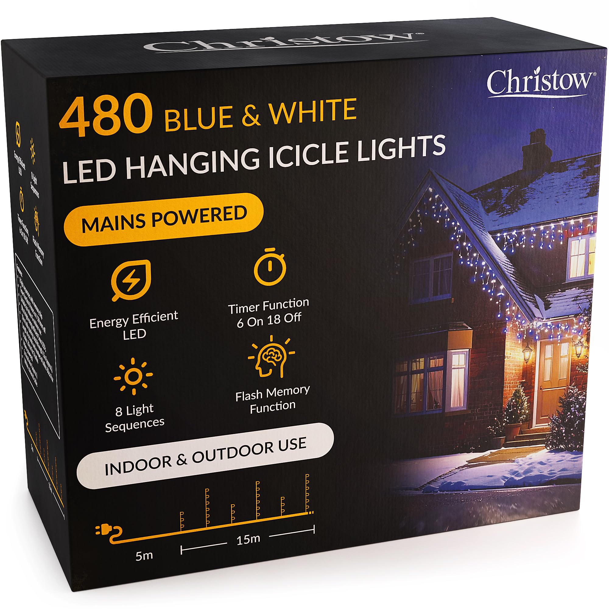 Christow Blue & White Hanging Icicle Christmas Lights, 480 Led, 15M Lit Length, Indoor & Outdoor, Mains Powered With Timer, 8 Flash Lighting Modes With Memory, Fairy String Light Xmas Decorations