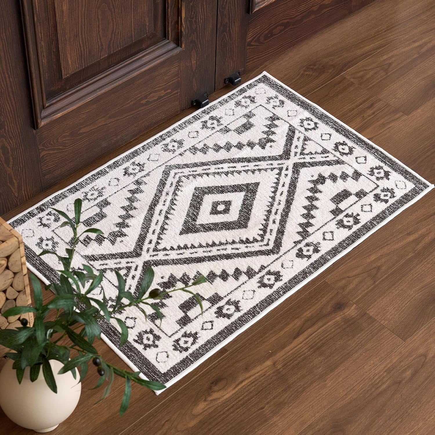 Moroccan Washable Entryway Rug 2x3, Geometric Decorative Woven Area Rug, Non-Slip Boho Accent Soft Low-Pile Indoor Door Mat, Small Throw Rug for Bathroom Front Porch, Dark Brown/White - Image 5