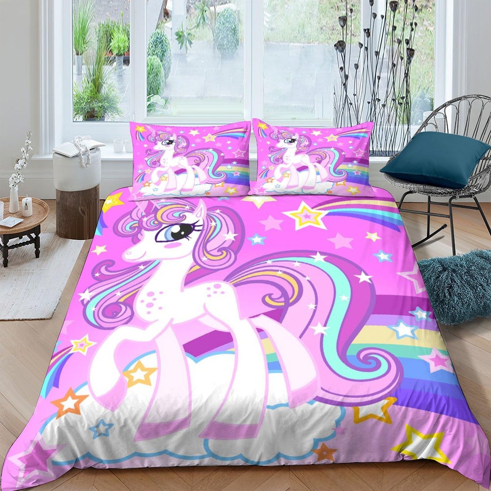 Ctjqhvkz Style-9 3D Printed Unicorn Rainbow Fitted Sheet Microfiber Pink Cartoon Stars Bed Cover For Bedroom Dorm Mattress Protector Single（135X200cm）