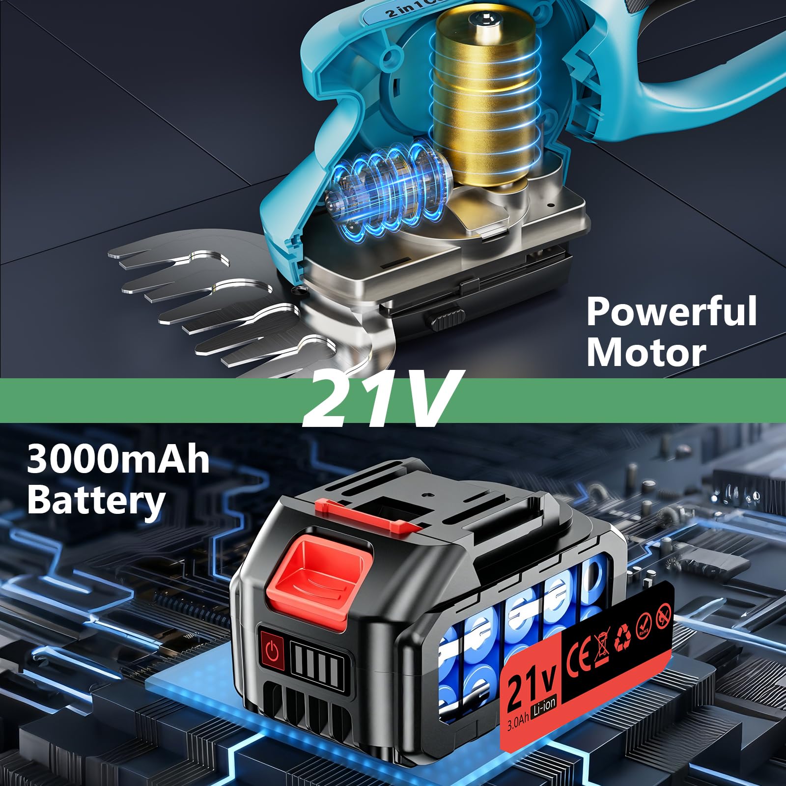 Tagliasiepi a batteria 2 in 1 con batteria da 3,0 Ah e caricabatterie, base a rullo, lame da 22 cm e 13 cm, compatibile con tutte le comuni batterie al litio da 18 V