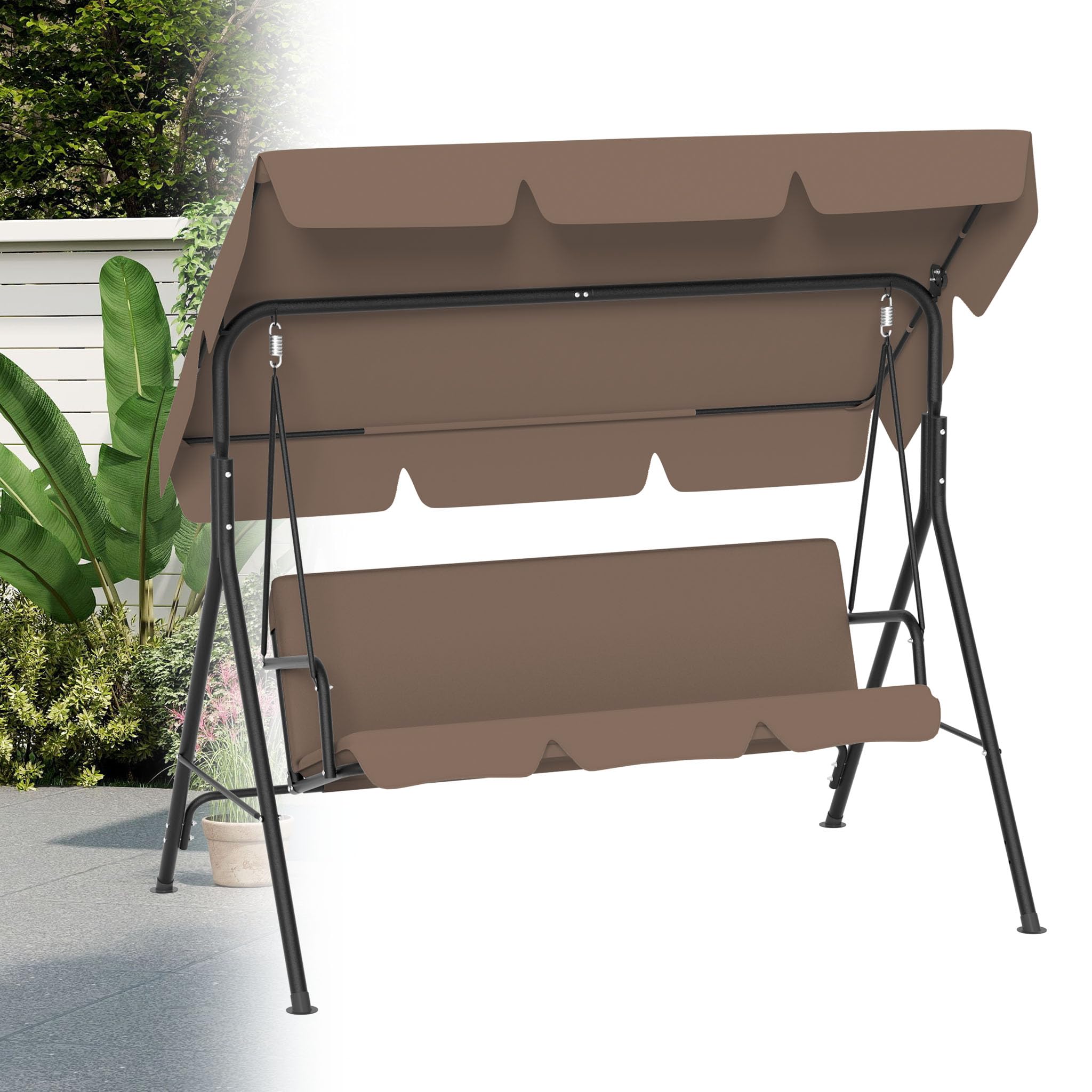 Balancelle de jardin 3 places avec auvent réglable et coussin, cadre en acier robuste, charge de 200 kg, banc à bascule pour jardin, terrasse et balcon, 193 cm, marron