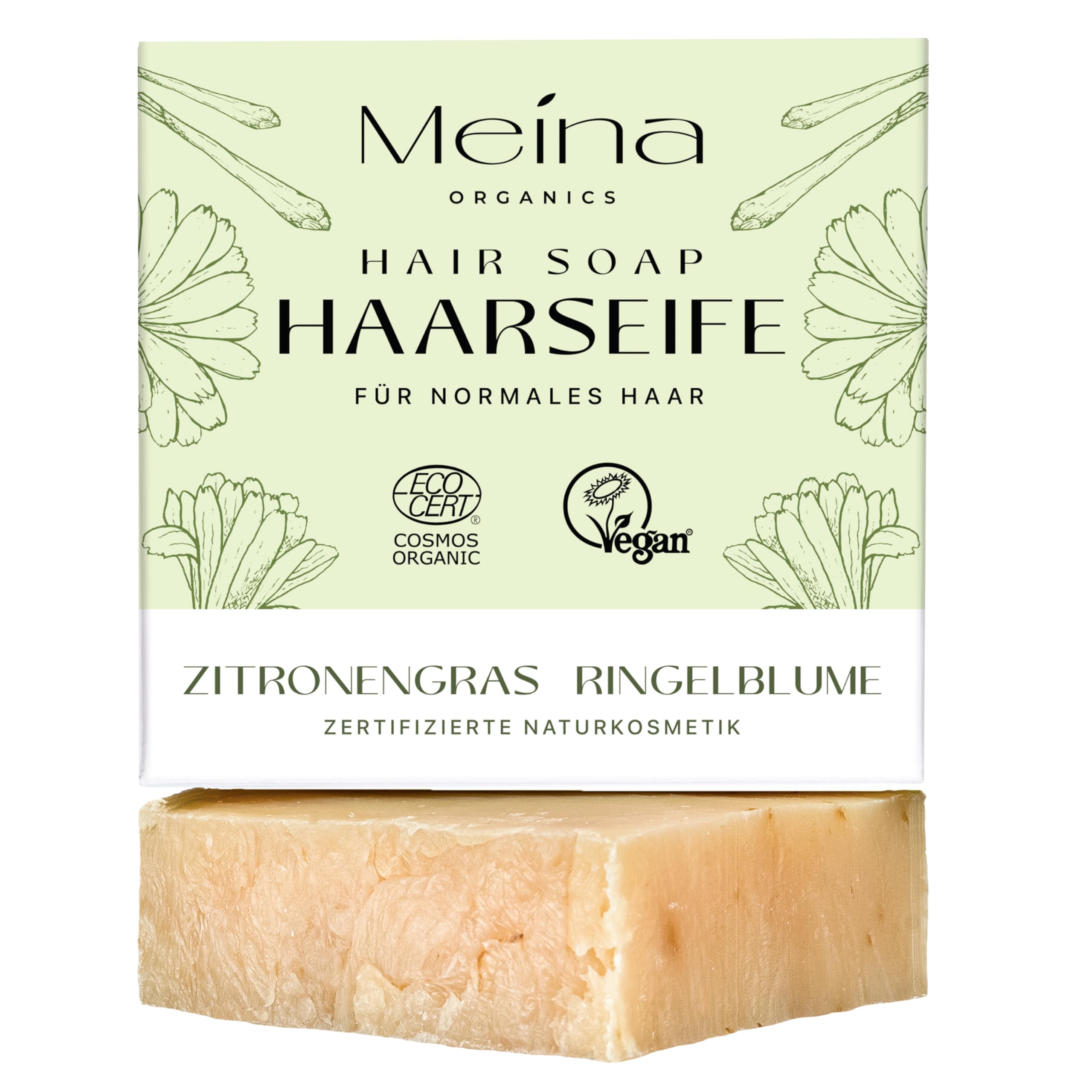 Meina Bio Haarseife gegen Haarausfall für Haarwachstum mit Zitronengras, 100% Natürlich, Zertifizierte Naturkosmetik, Vegan, Handgemacht, Plastikfrei, Ohne Palmöl, Wie ein festes Shampoo, 80g