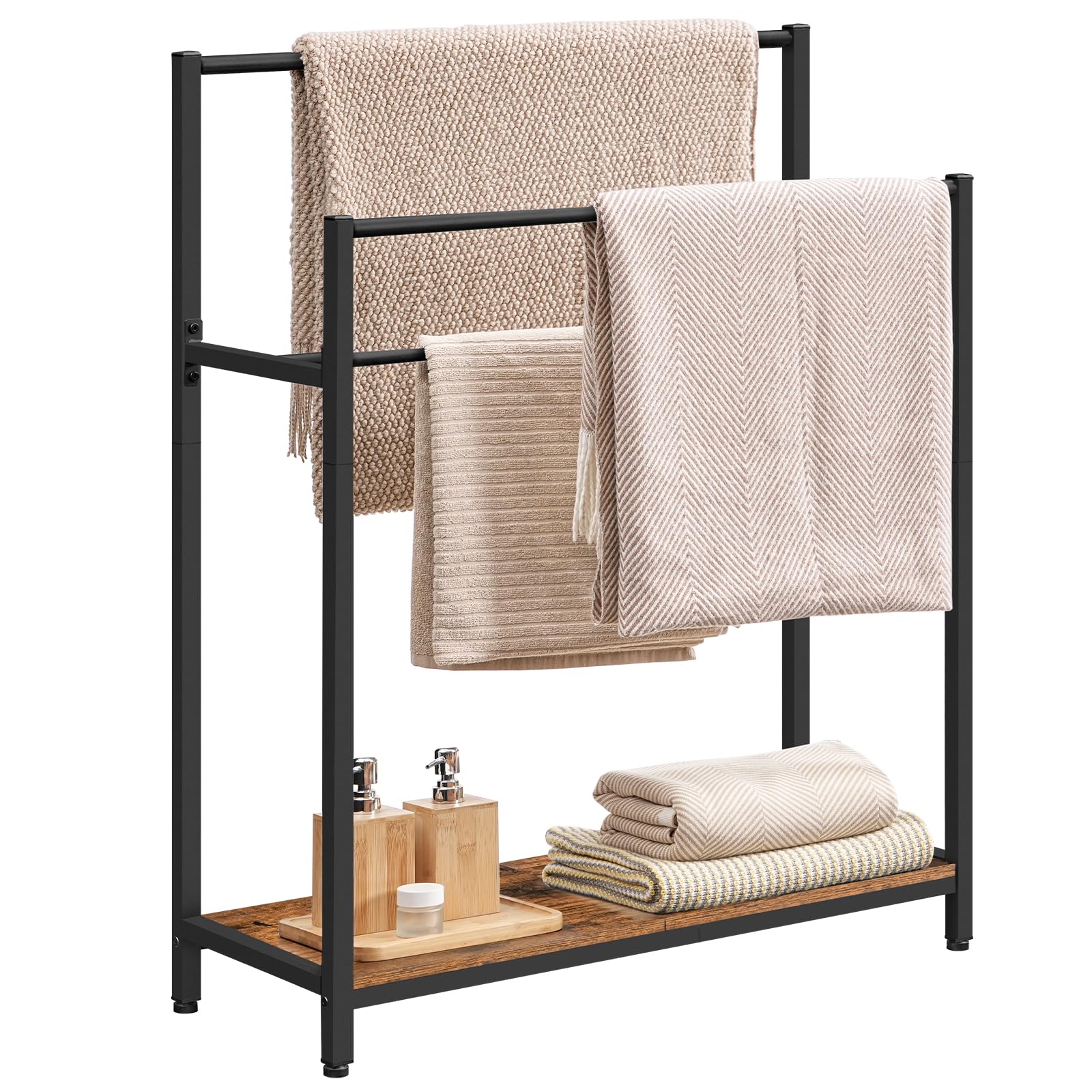 HOOBRO Toallero de Pie de 3 Niveles, Soporte para Mantas con Estante, Toallero de Baño, Toallero de Piscina para Exteriores, para Baños, Salón, Dormitorio, Negro y Marrón Vintage EBF30LB01