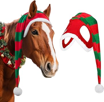 R HORSE Christmas Horse Costume Santa Hat, Red Green Christmas Costume Accessories for Horse Santa Cap with Fleece Trims Slip-On Xmas Parade Supplies Holiday Photo Props Decor