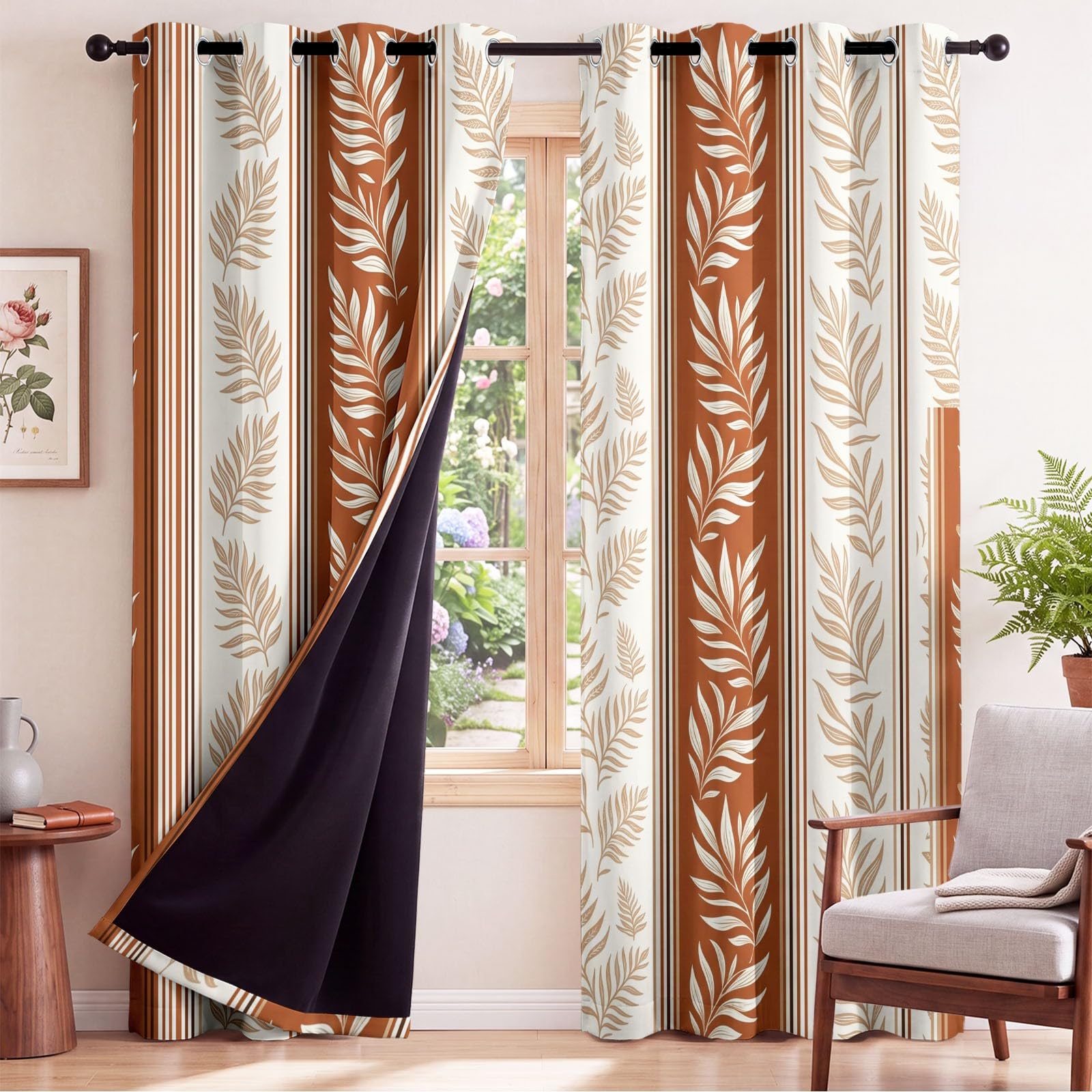 Rideau Occultant, Motif Feuille Botanique - Rideaux Thermiques Moderne Naturel pour Salon Chambre Fenetre, Lot de 2 Rideaux et Draperies Intérieurs à Oeillets, 132 x 214 CM
