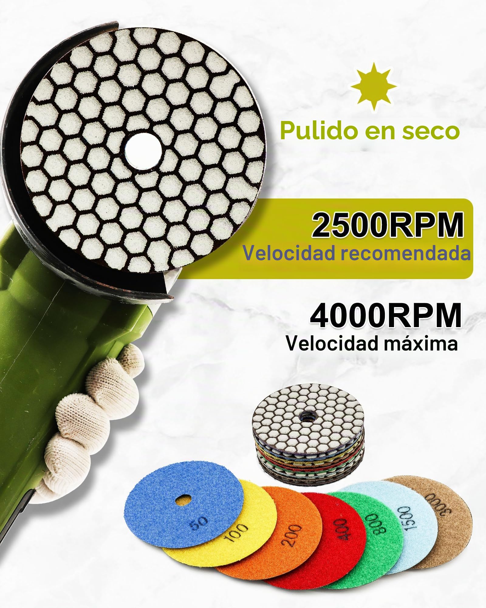 Almohadillas Pulido Diamante Seco 4"/100mm - 8piezas Grano 50 Discos Pulido para Granito Mármol Piedra Artificial Cuarzo para Amoladora Angular SANLEETEK