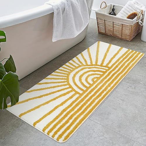 Uphome Alfombra de baño de color amarillo y blanco, antideslizante, absorbente de agua, alfombra de baño larga, microfibra suave, lavable a máquina,