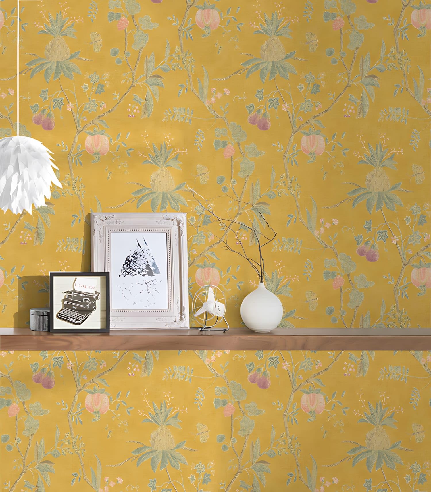Profhome Papel pintado floral 367194-GU papel pintado no tejido amarillo verde 0,53 m x 10,05 m / 5,33 m2