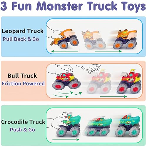 Miniatura 3 de MOONTOY Coches de juguete para niños de 1 2 3 años paquete de 3 autos de juguete con tracción de atrás camión toro camión leopardo camiones de