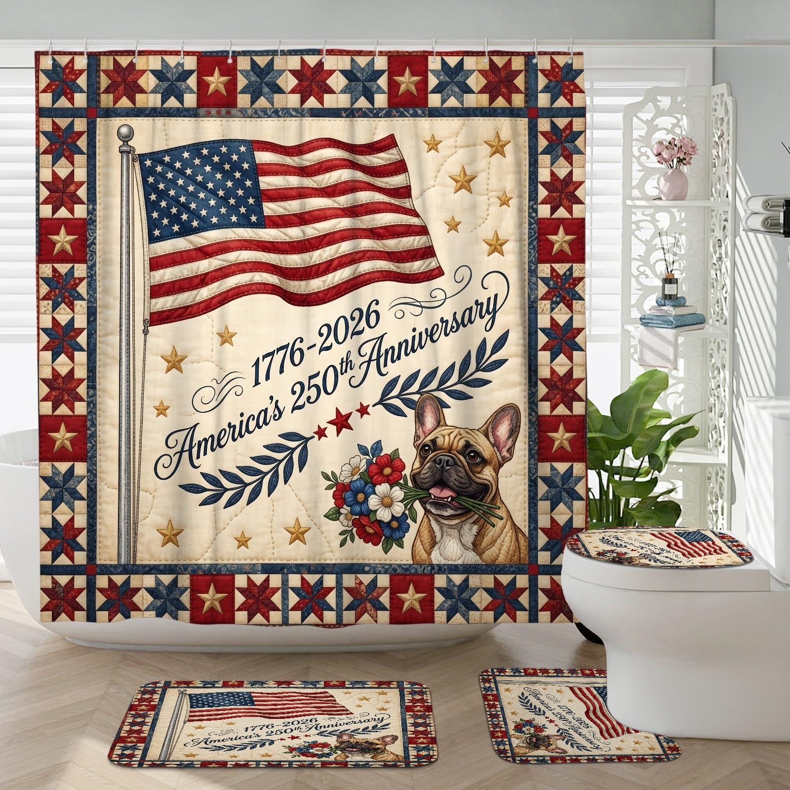 Rideau de douche haut de gamme 183 cm motif bouledogue et ensemble de tapis de bain denses