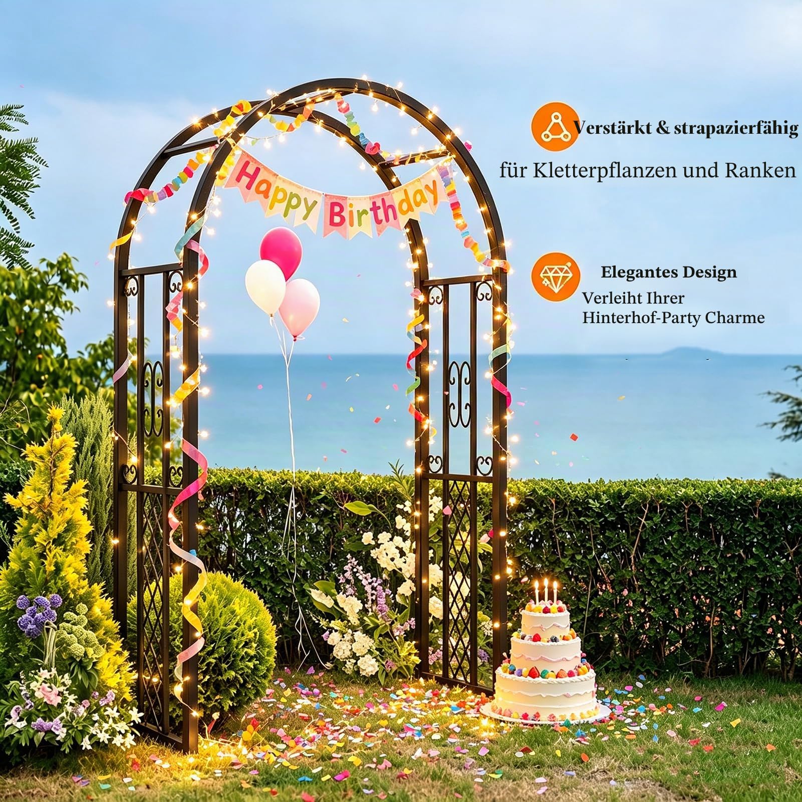 Rosenbogen Metall 220x230cm, Stabil Verzinkter Stahl Rankbogen, Rostfrei Wetterfest mit Erdankern, abnehmbarem Sockel, Schwarz Gartenbogen für Kletterpflanzen, Hochzeit, Garten Dekoration