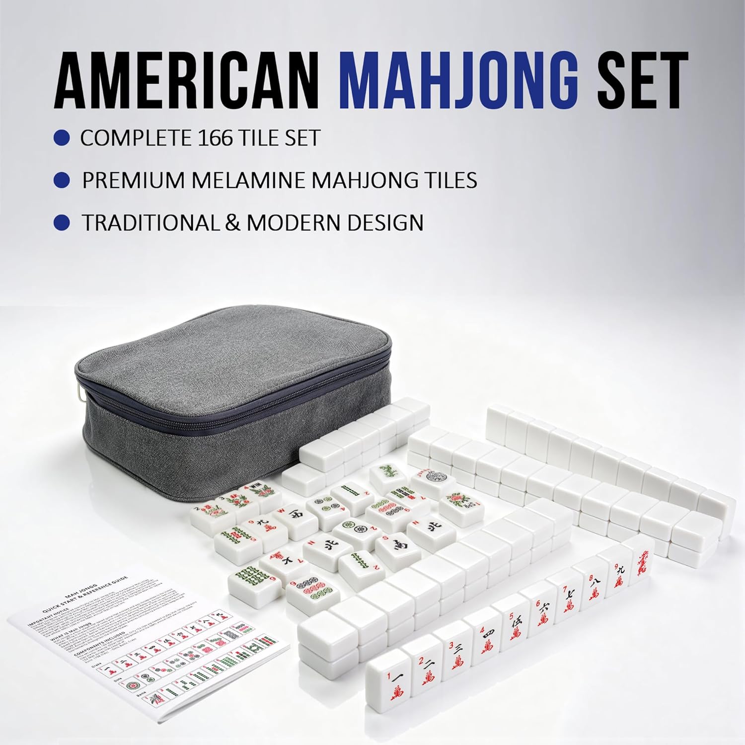American Mahjong Tile Set, 166 White Tiles Mahjong Set,Travel Mahjong Set with Gray Carrying Bag
