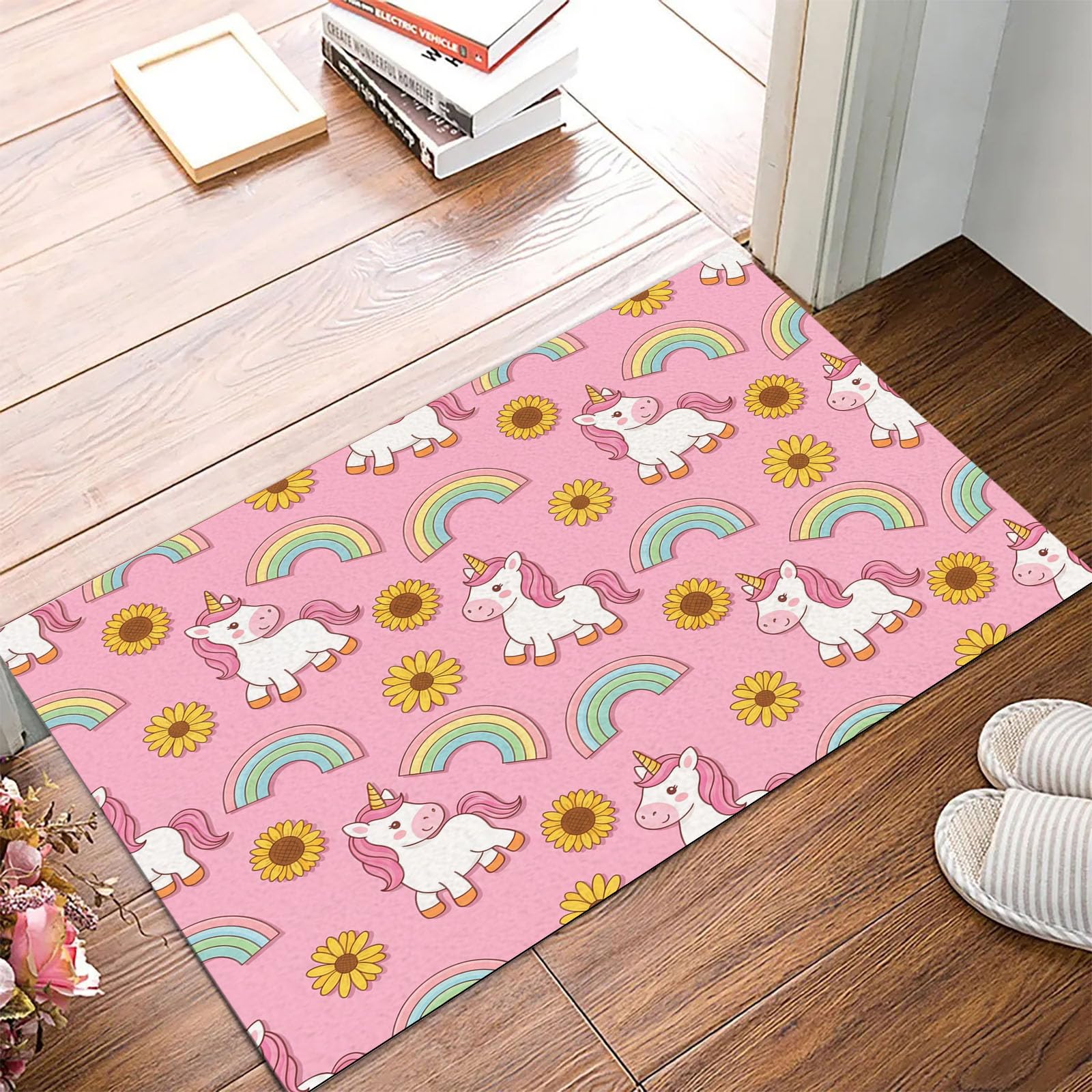 Fussmatte Innen 80X120Cm Rosa Niedliches Regenbogeneinhorn Fußmatte Innen rutschfeste Für Hund Eingang Badematte Zeichentricktiere Waschbar Schmutzfangmatte Fussmatten Haustür Türmatte