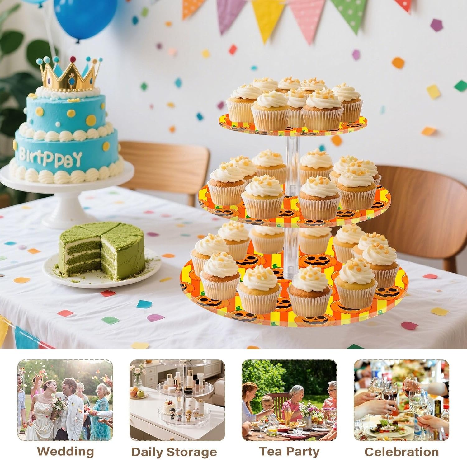 Pumpkin Halloween 3 Tier Acrylic Cupcake Stand, Cupcake Stand for 34 Cupcakes for Weddings,Christmas,Holidays,Parties,Birthday,Printed Cupcake Tower 23301096