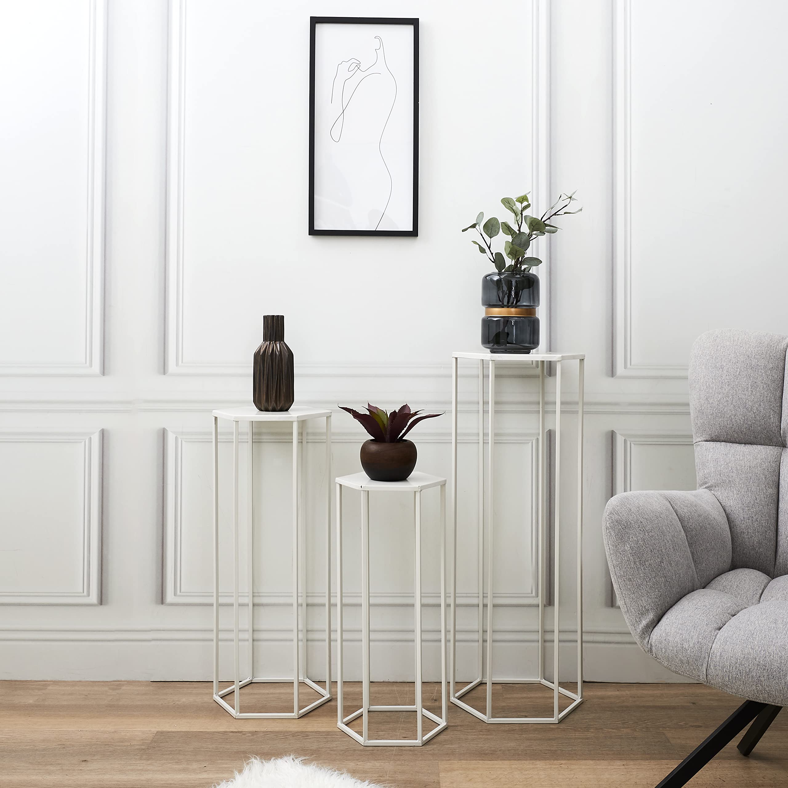 HOME DECO FACTORY Gigogne X3 Metal Blanc Mobilier Tavolo Scrivania Consolle Sellette Mobile Ine, 60x30x26 cm