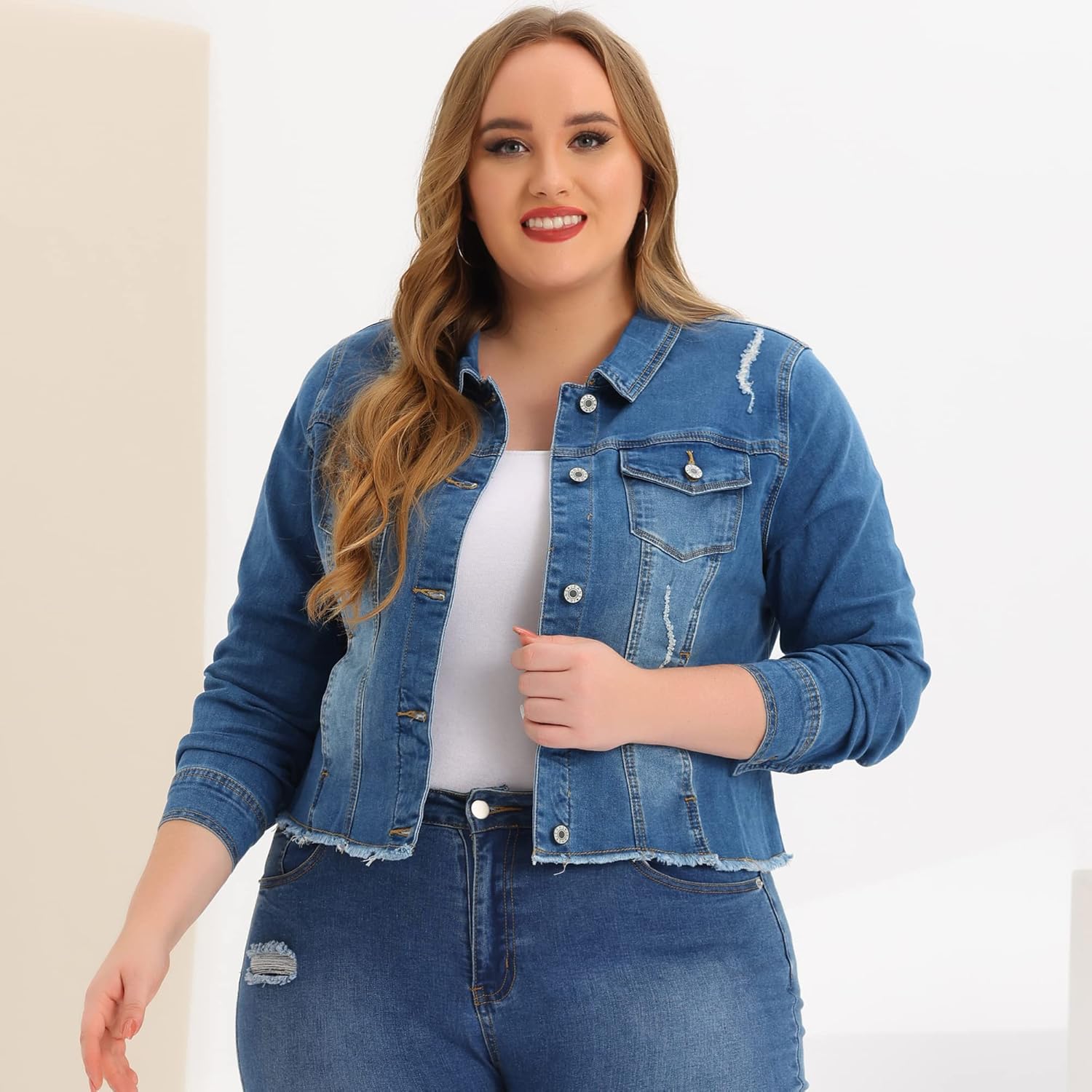 Agnes Orinda Women's Plus Size Classic Washed Front Frayed Denim Jacket - Image 2