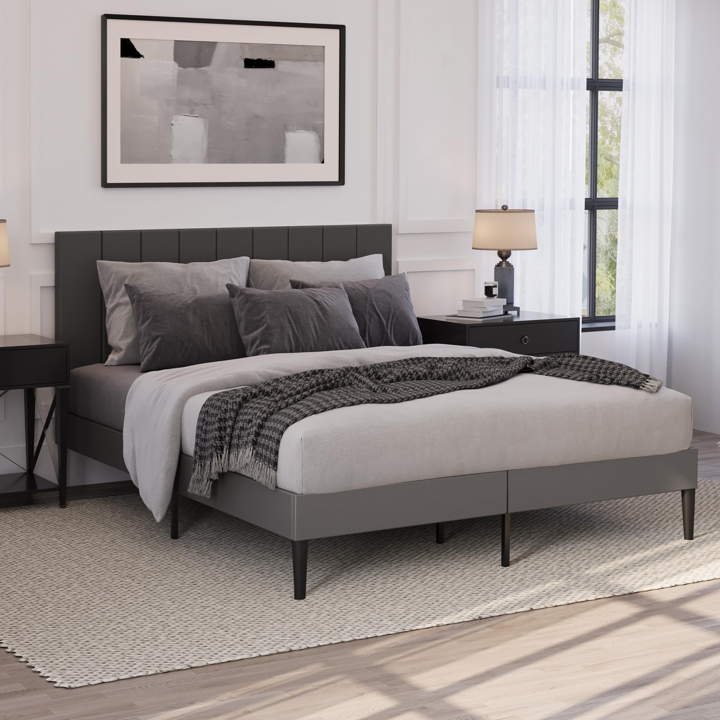 Milliard Queen Bedroom Bundle: Upholstered Platform Bed Frame with Headboard + 14 Inch Hybrid Mattress in a Box, Memory Foam Medium Firm, Grey,
