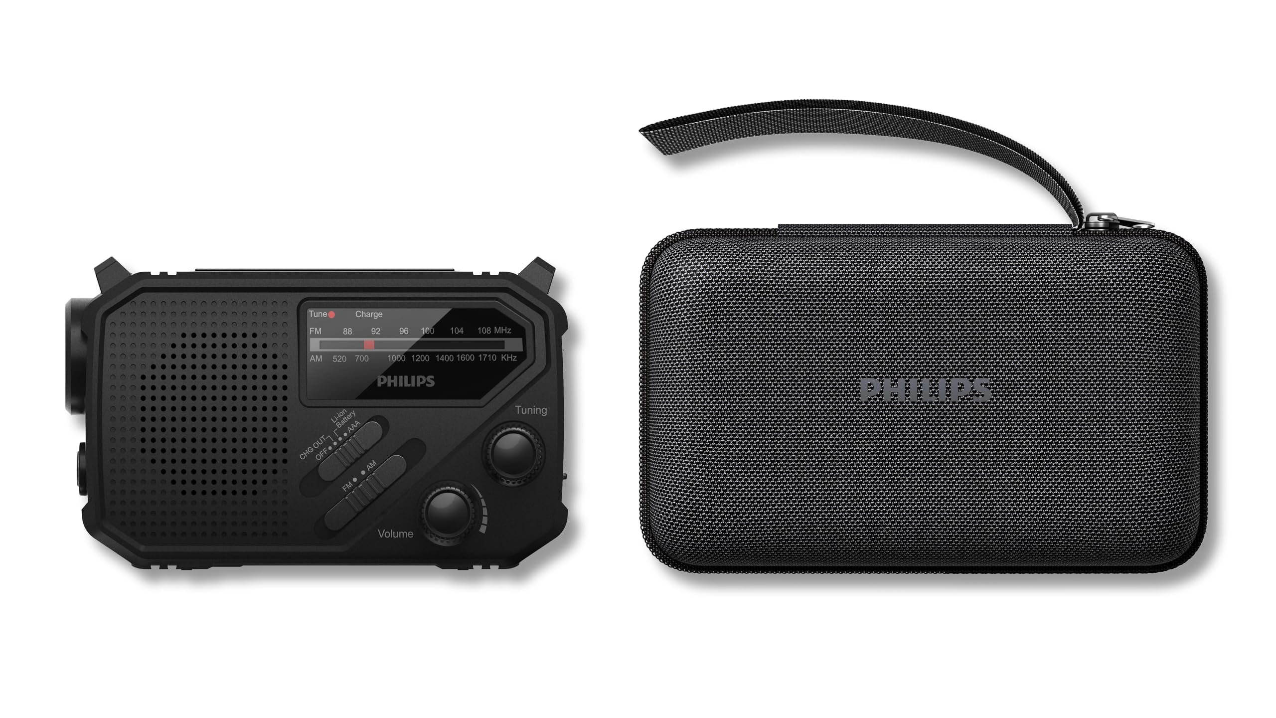 Philips TAR1659 Radio portátil FM/AM con batería recargable integrada, batería AAA y energía de emergencia de manivela, energía solar, luz LED integrada y linterna para camping, senderismo y cortes de