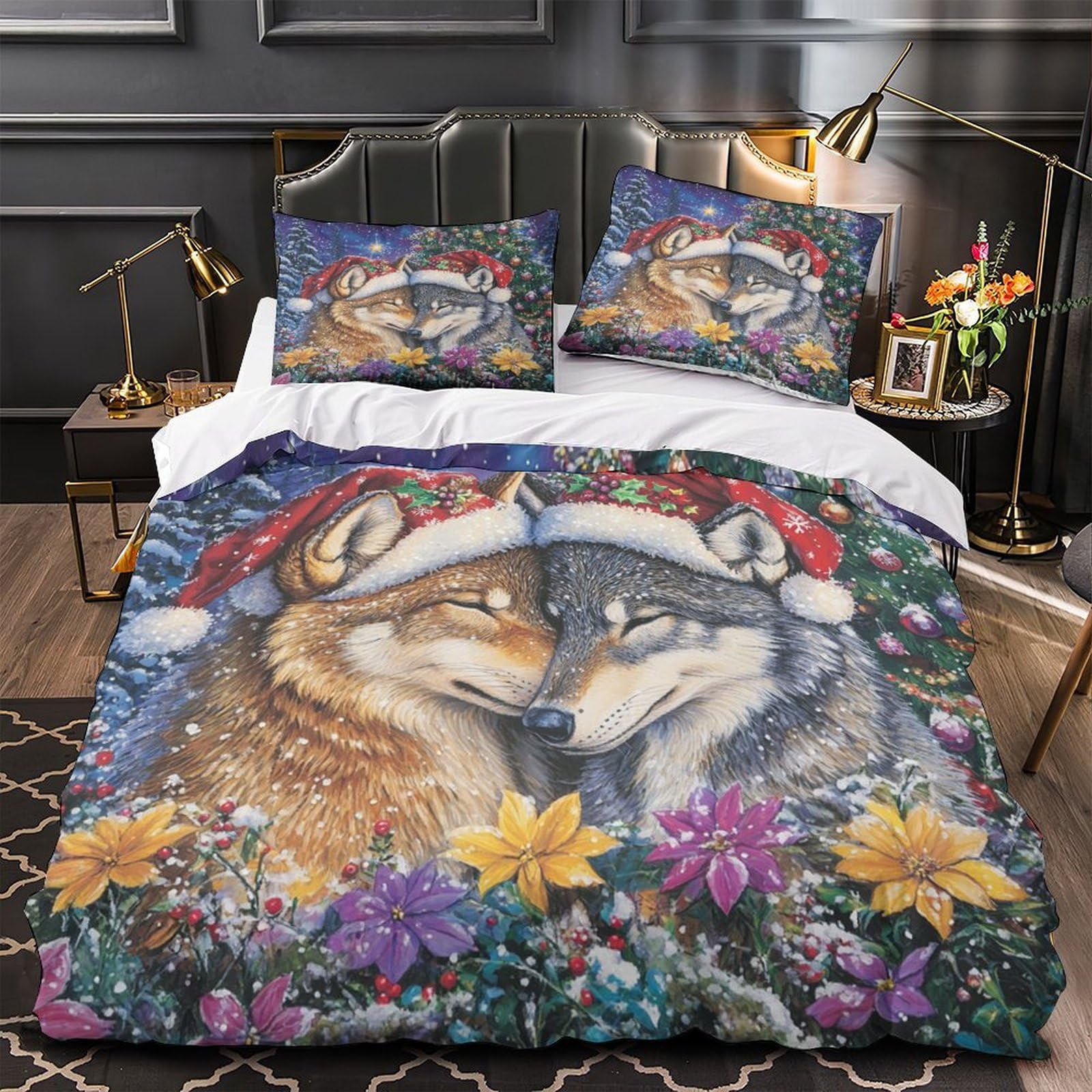 lupi di Natale Impressione 3D 3 pz cover piumone arte della fauna selvatica in vacanza coperteletto microfibra morbida ipoallergenica per adolescenti uomini adulti Double（200x200cm）