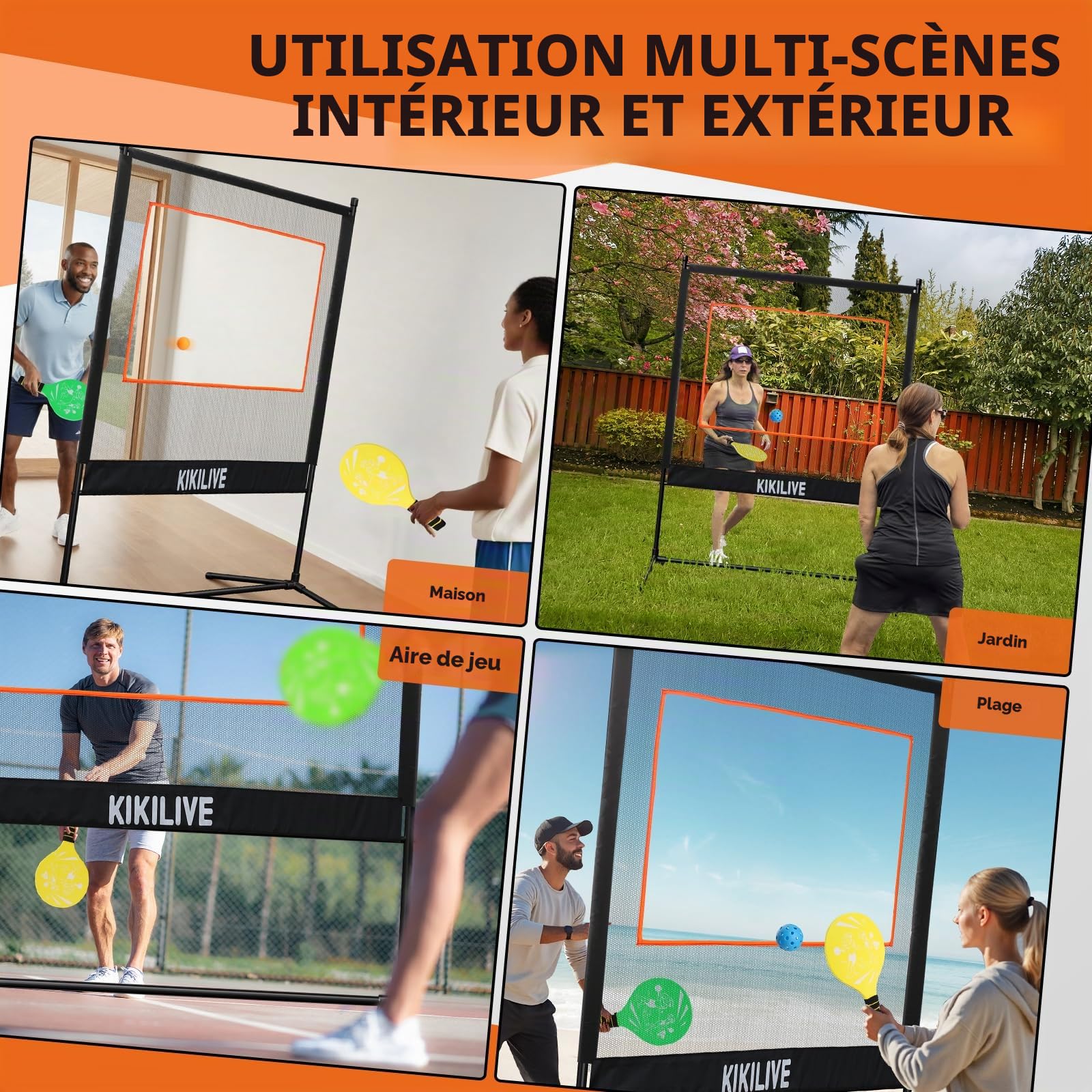 Set de Jeux de Raquettes avec Filet - Set Sportif 4-en-1, Compatible Badminton/Tennis de Table/Volant/Pickleball, Set de Jeux Sportifs Intérieur & Extérieur, pour Plage/Jardin/Maison