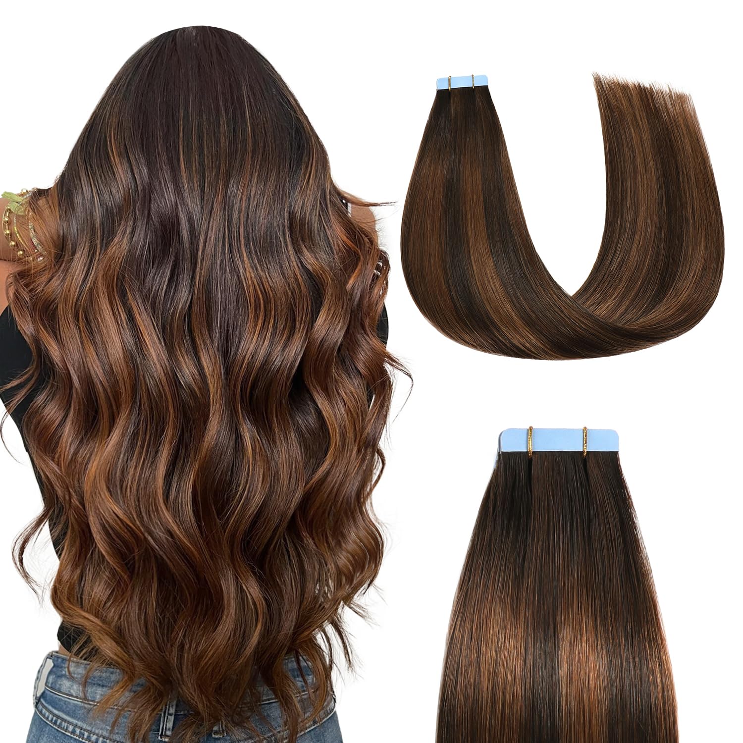 Sunya Tape in Hair Extensions Human Hair Balayage Dark Brown to Chestnut Brown 14 Inch 40g/pack 20pcs Straight Seamless Skin Weft #2/6/2 Tape in Hair