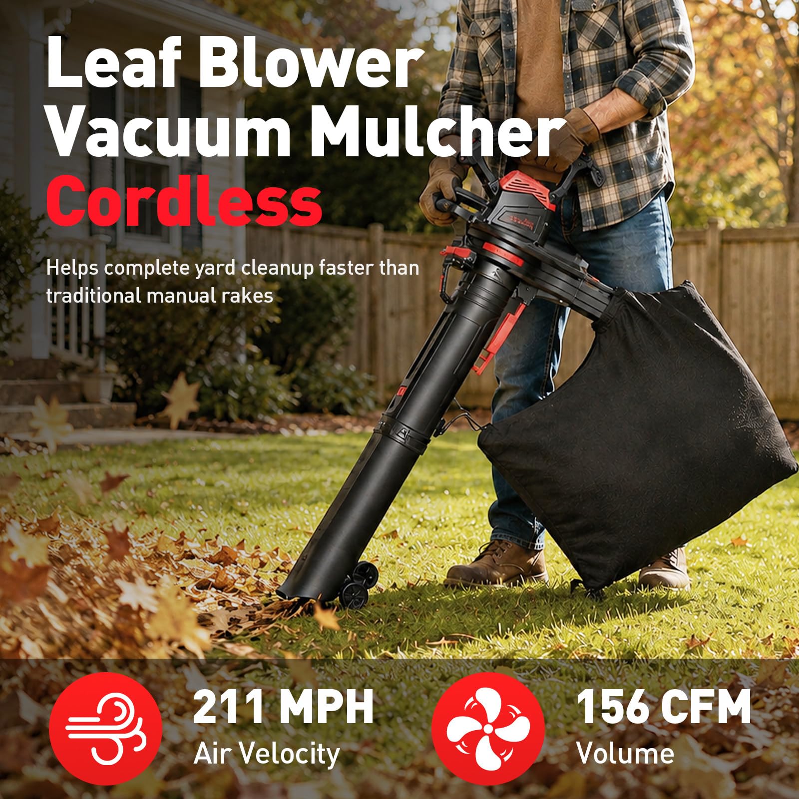3800W Aspirateur Souffleur Broyeur Feuilles sans Fil 20000mAh