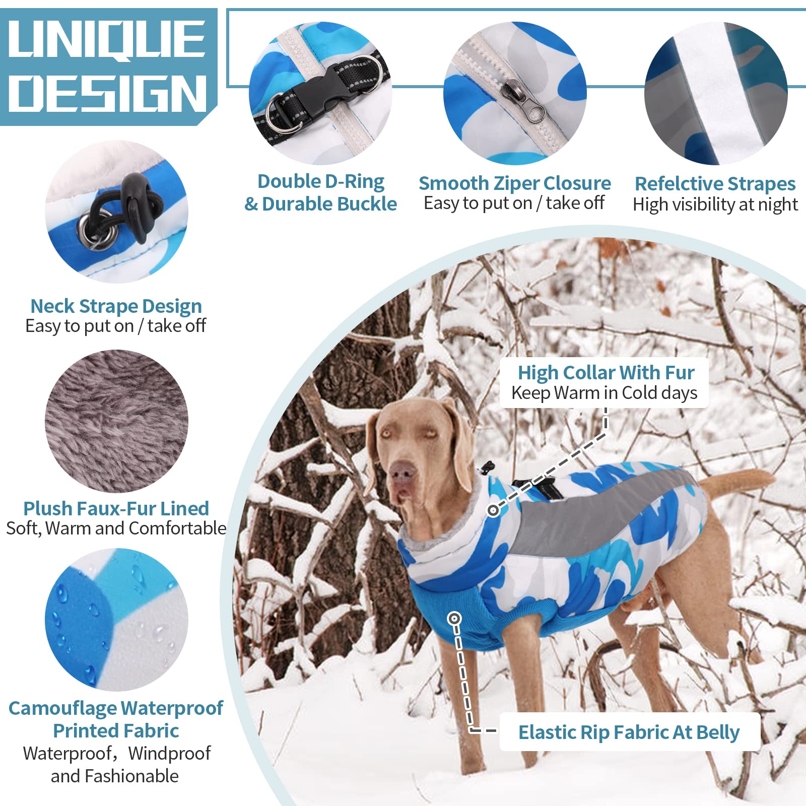 Hjyokuso Cappotto Cane, Cappottino Cane Per Piccoli, Medi e Grandi Cani, Vestiti Per Cani Impermeabile e Caldo, Cappottino Imbottito Per Cane Con Strisce Riflettenti e Cerniera - Blu XXL