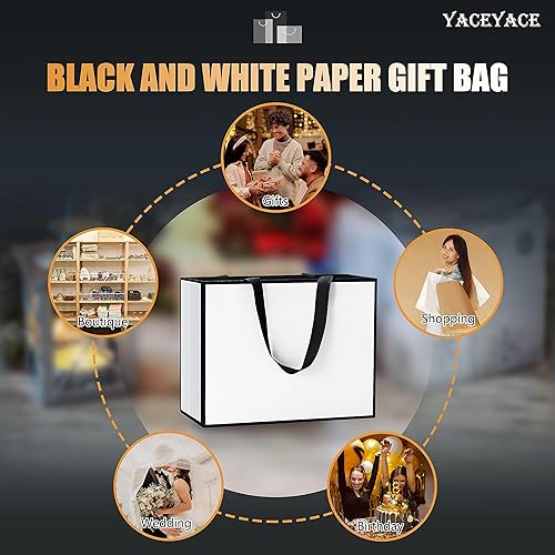 Miniatura 7 de Bolsas de regalo blancas y negras a granel YACEYACE 20 piezas de 10.5 x 4.25 x 8 pulgadas, bolsas de regalo medianas blancas con asas de cinta,