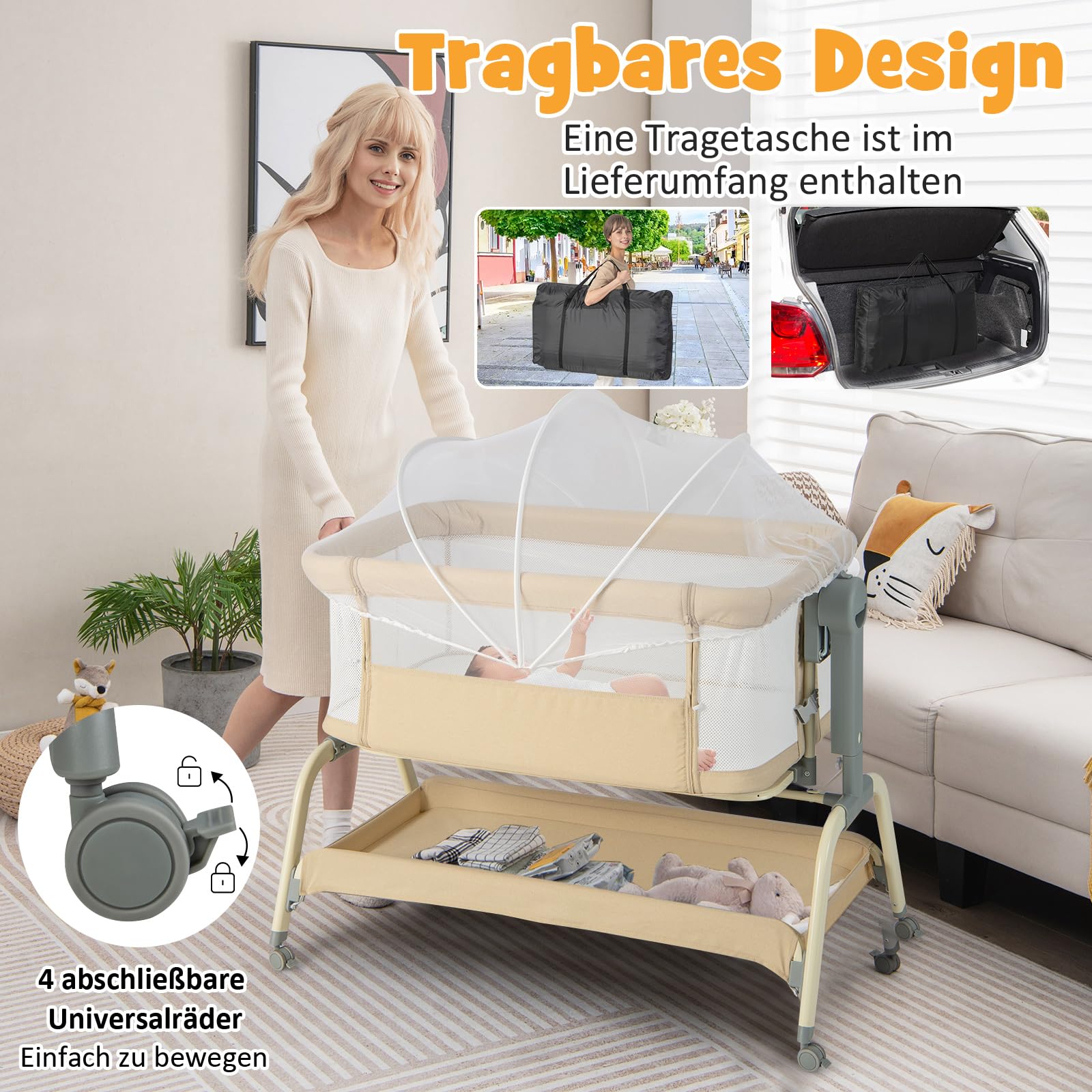 COSTWAY 4 in 1 Babybett mit Moskitonetz, Beistellbett & Babywiege & Stubenwagen & Reisebett mit Matratze, 6 verstellbaren Höhen, Tragetasche, mobiles Kinderbett faltbar für Baby bis 6 Monaten (Beige)