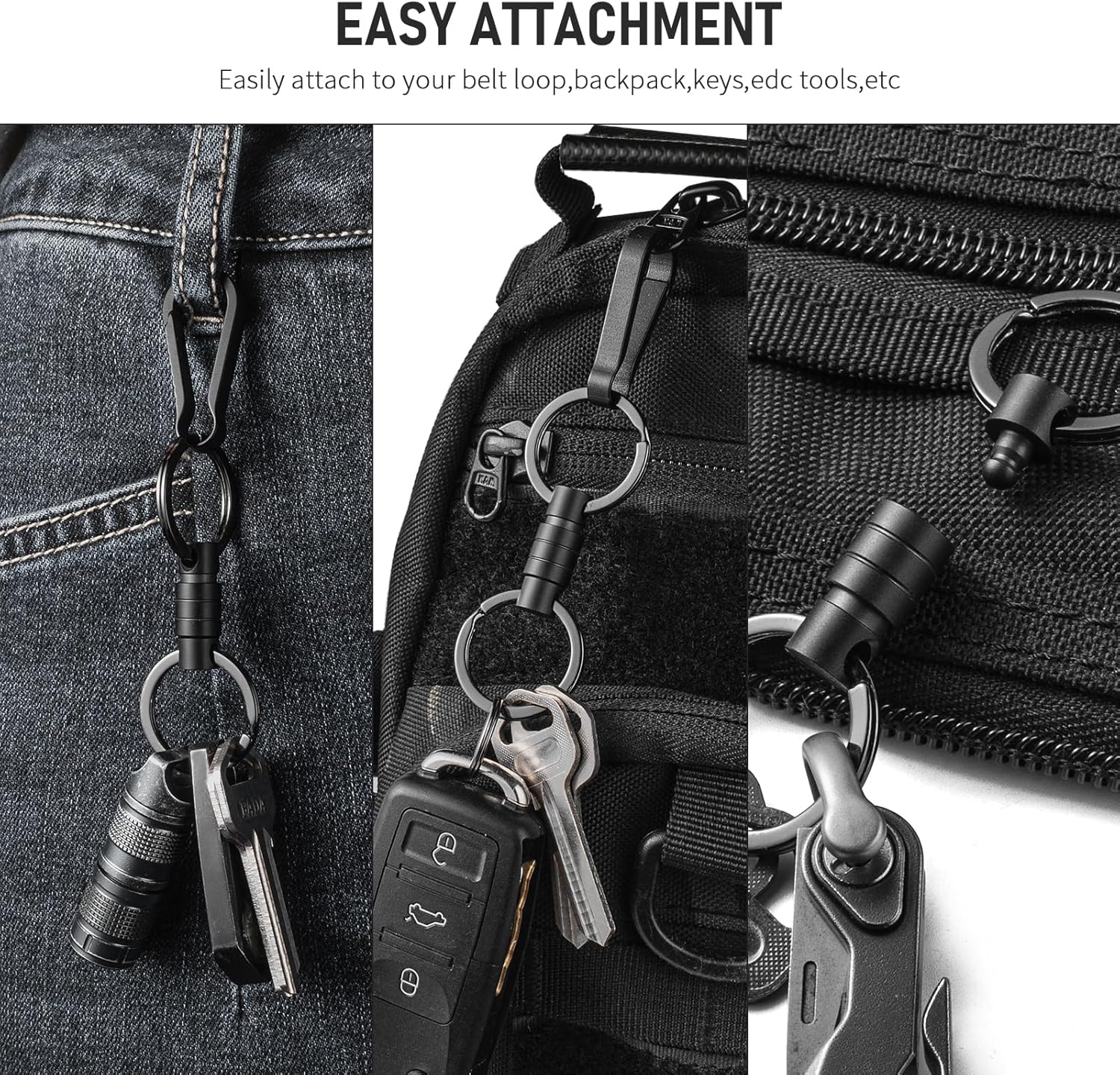 FEGVE Titanium Quick Release Keychain, Small Detachable Swivel Keychain Accessories with 4 Key Rings for Bag, Belt & Car-(Anti-fall/Black-1pcs) - Image 6