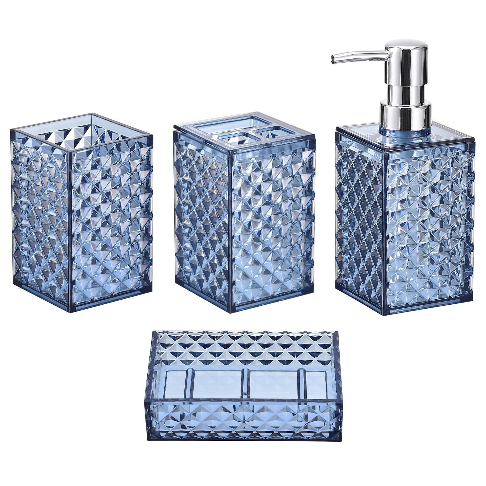 Juego de 4 accesorios de baño azul con dispensador de jabón y portacepillos para lavabo