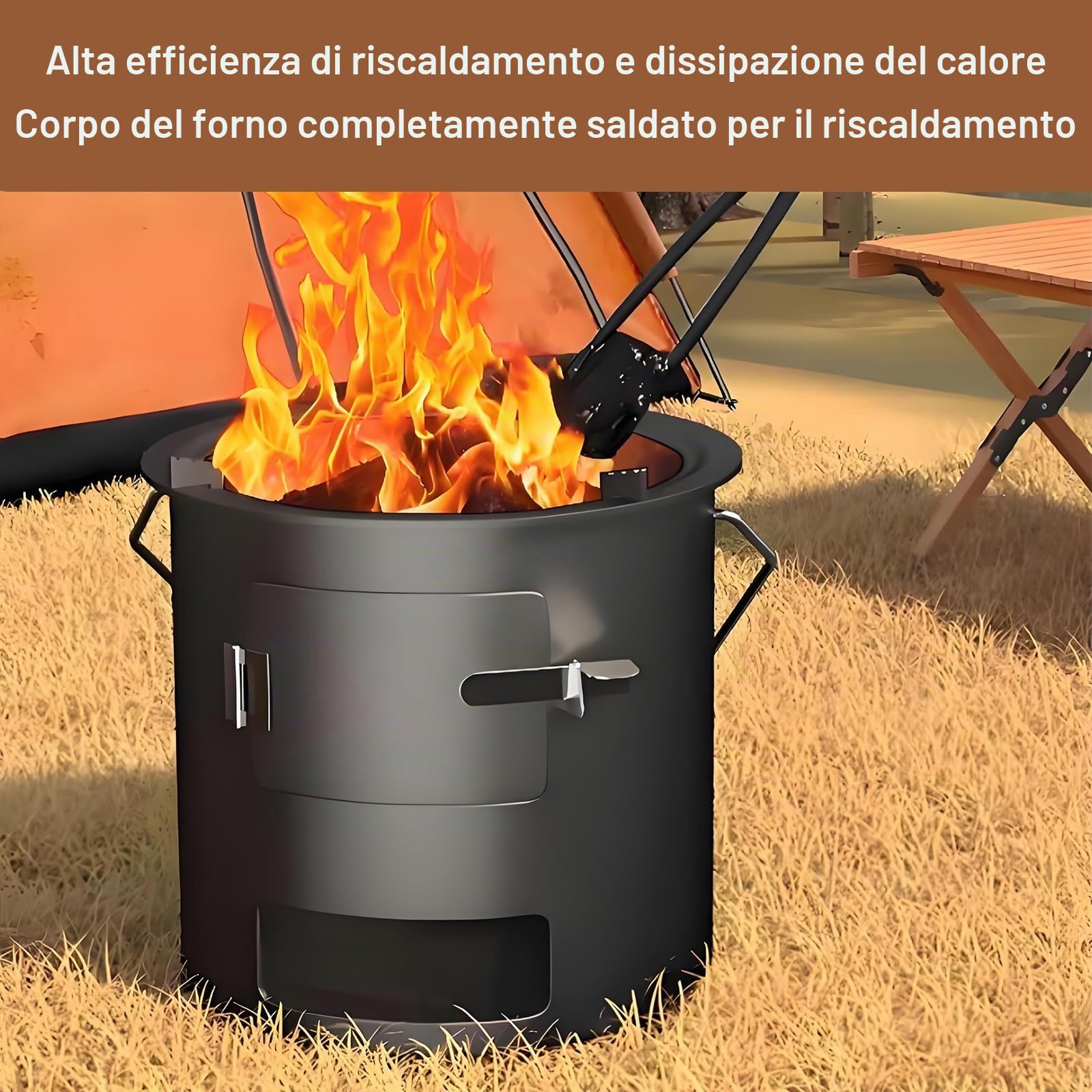 Stufa a Legna Portatile In Acciaio al Carbonio Rinforzato, Stufa a Legna In Ghisa Integrata con Base Stabile, Supporto Triangolare al Calore per Interni ed Esterni(30cm)