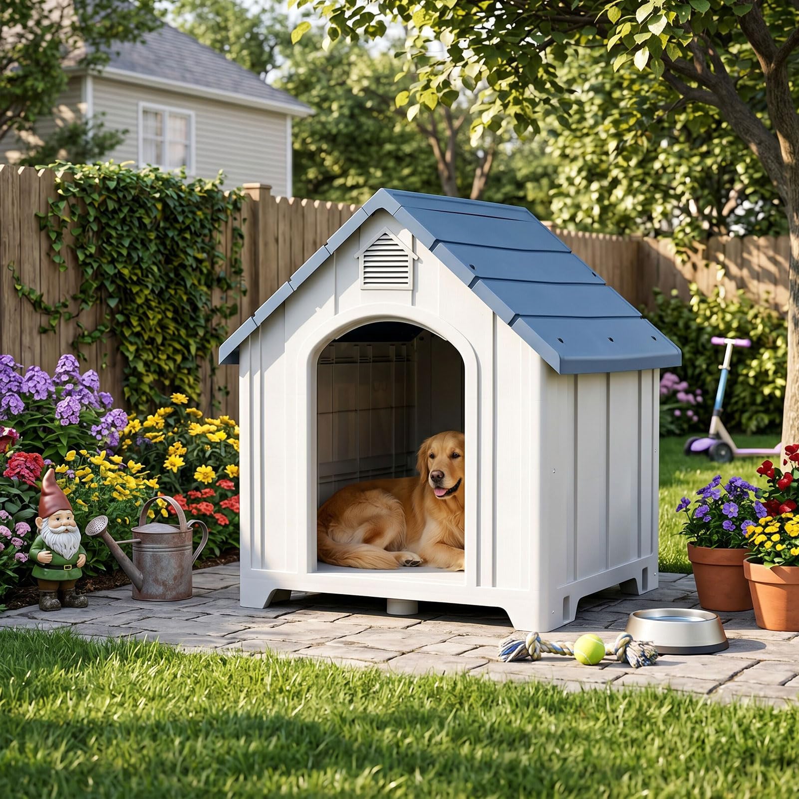 Alomejor Hundehütte für den Außenbereich, Wetterfest, Langlebig, aus Kunststoff, für Mittelgroße und Große Hunde, Drinnen und Draußen, 67 X 60 X 50 cm (Blue)