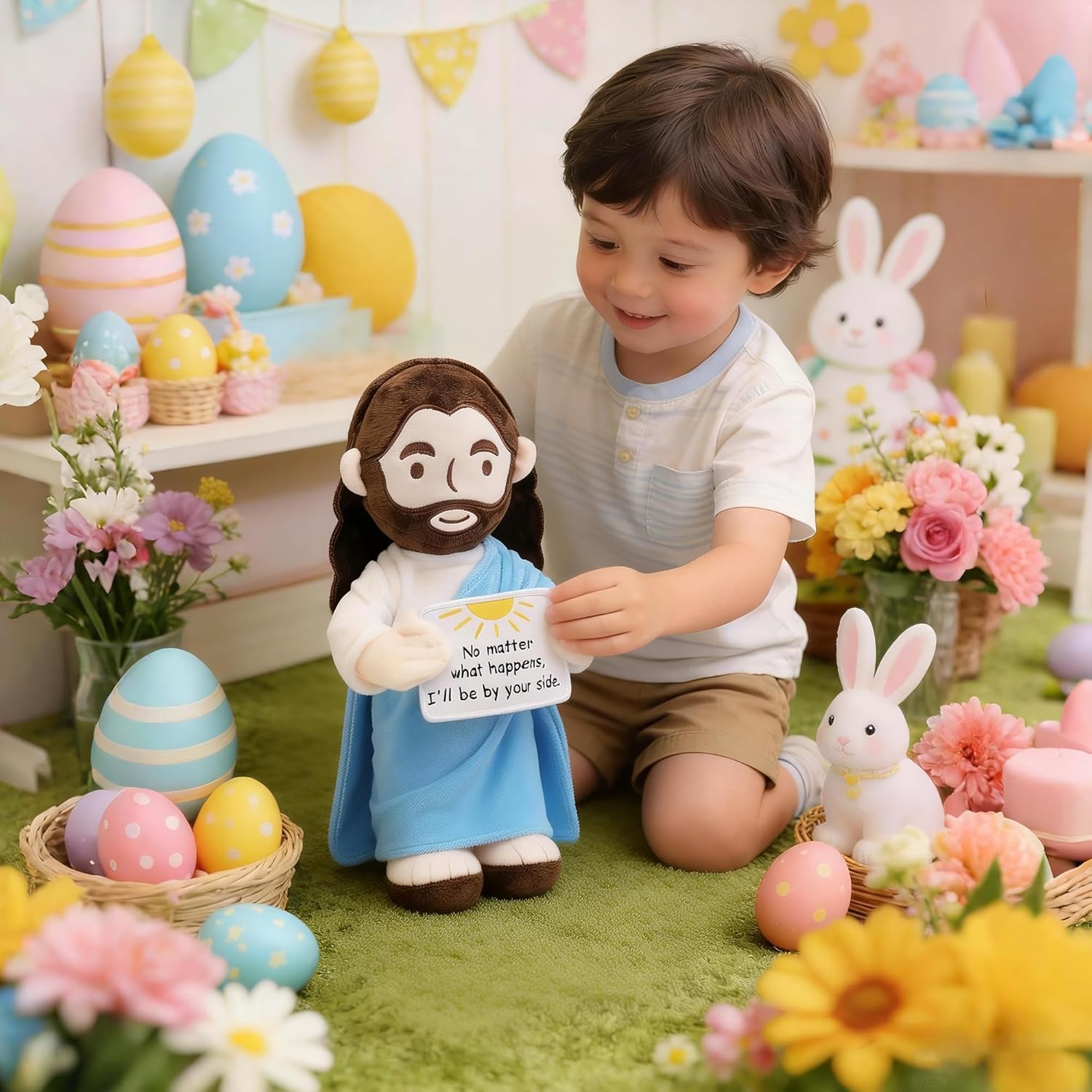 Yelakey Jesus Plush 13.4 inch Stuffed Jesus Doll with Positive Card Religious Easter Gift for Kids, Baptism, Sunday School (Blue)