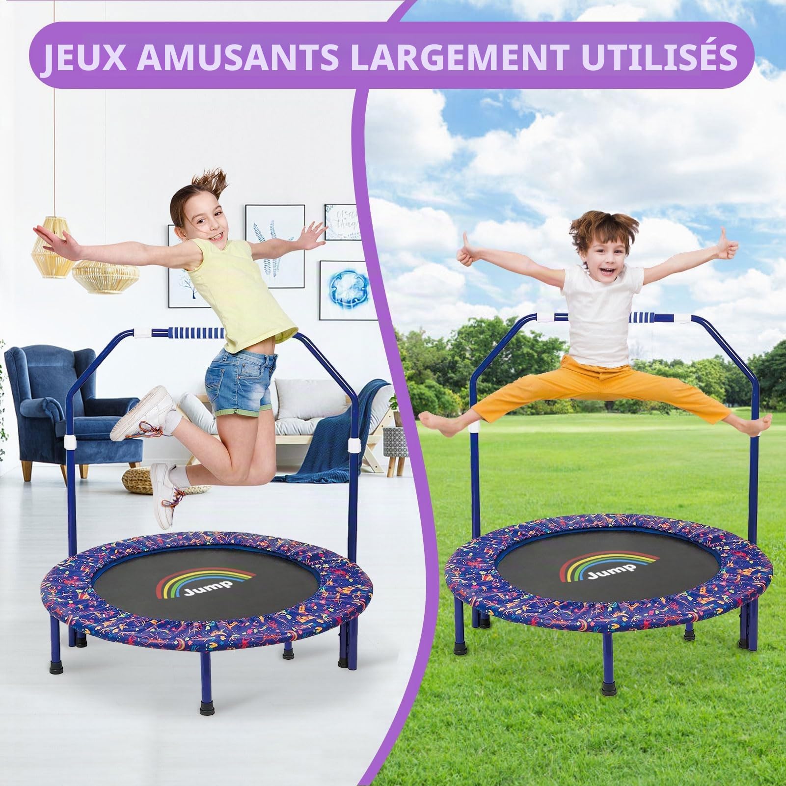 Trampoline Enfant|Trampoline Pliable Enfant Trampoline d'exercice Rebond avec Poignée en Mousse et Housse Rembourrée| Convient pour l'intérieur et l'extérieur