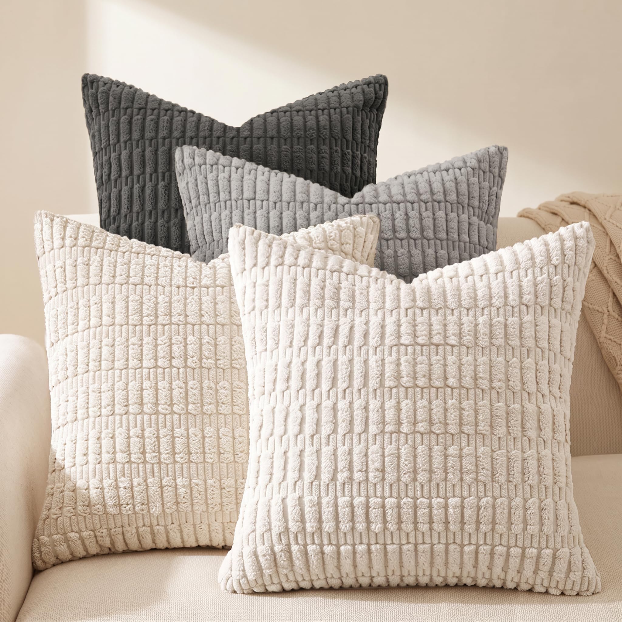 Set of 4 Corduroy Soft Striped Cushion Covers 40x40 cm, Boho Decorative Square Throw Pillow Covers 16x16 Inch with Invisible Zipper for Sofa Couch Bedroom Home Decorative Fluffy Large Pillowcases