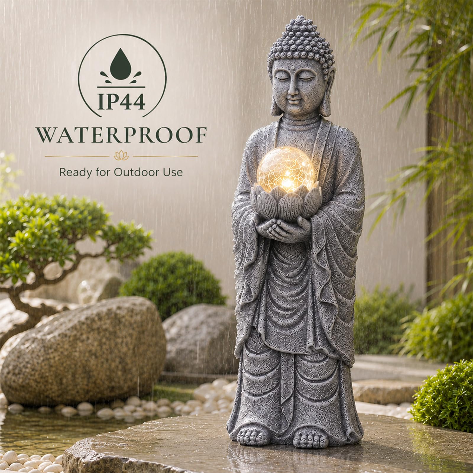 Goodeco Statue de Bouddha solaire avec boule de lotus – 47 cm Zen
